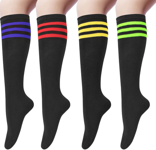 Women's 4 Pairs Knee High Casual Solid Knit Socks, Black Stripe(4 Pairs)