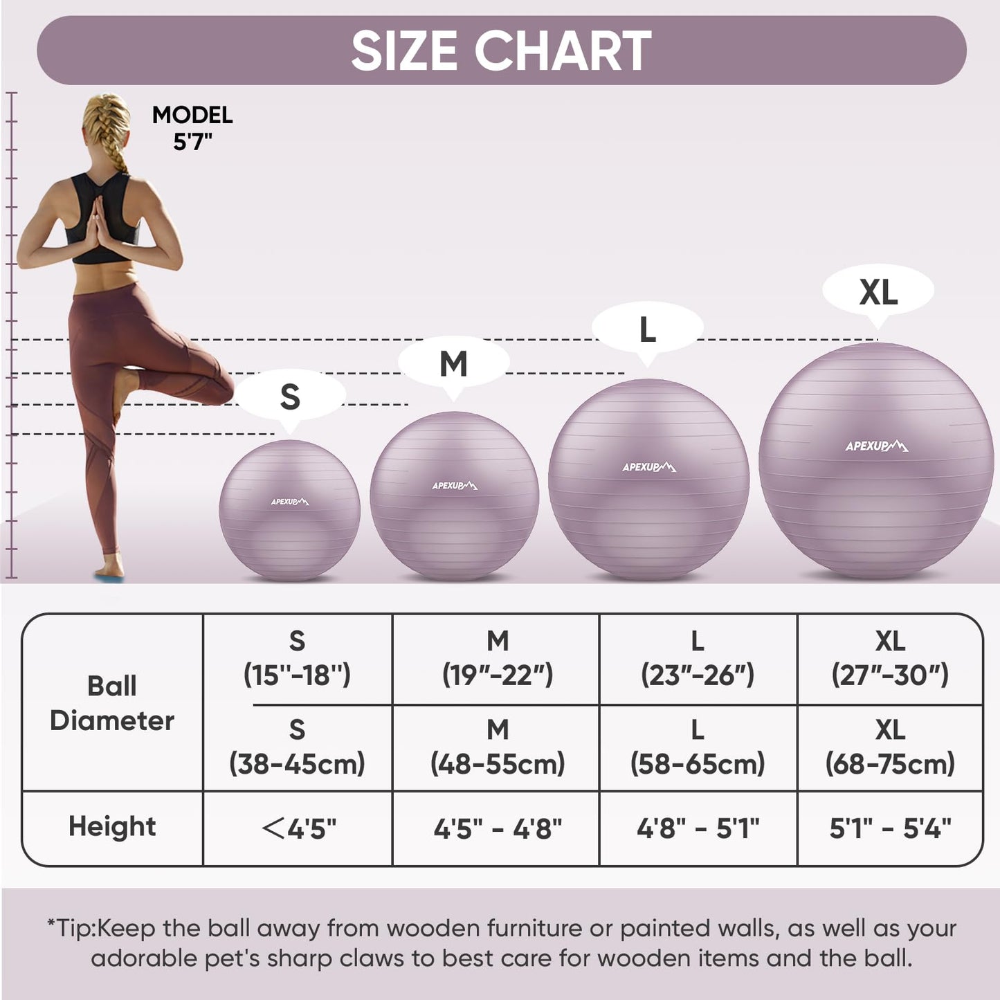 APEXUP Yoga Ball Exercise Ball, Anti Slip Stability Ball Chair, Heavy Duty Large Gym Ball for Fitness, Balance, Core Workout and Physical Therapy (S (15"~18") 45cm, Mauve)