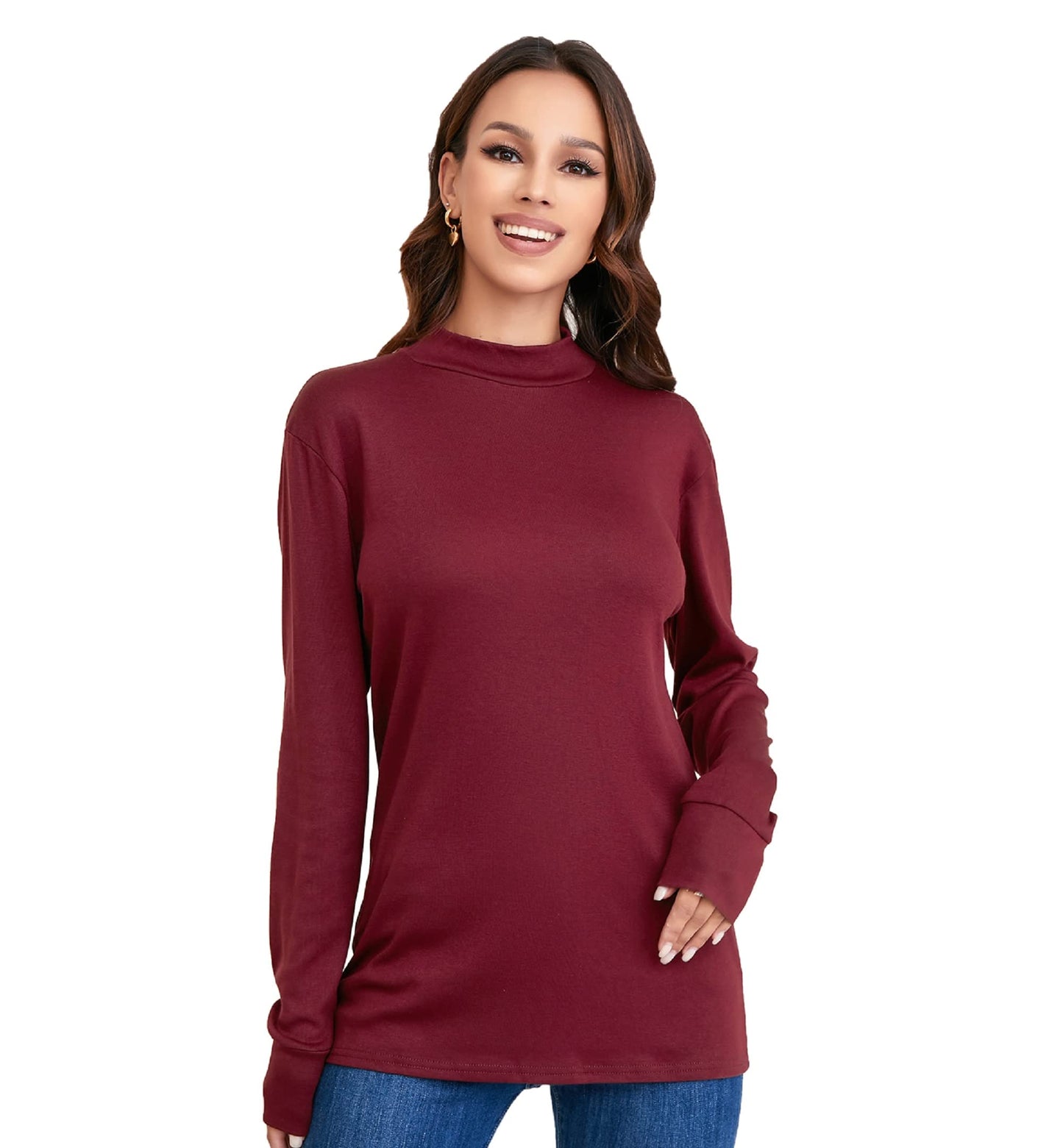 LE VONFORT Long Sleeve Shirts for Women Lightweight Mock Neck Sweater Soft Base Layer Tops Thermal Undershirts Dark Red XX-Large