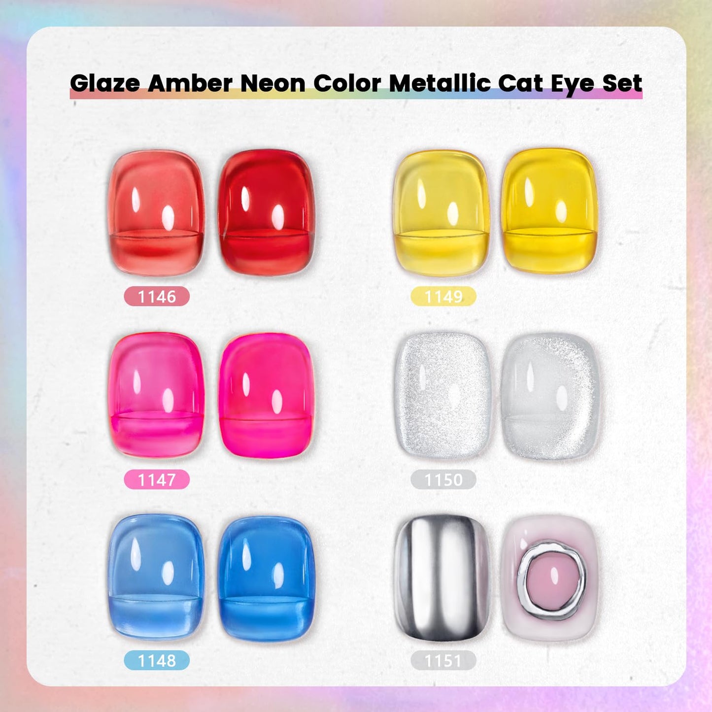 RARJSM Glaze Glass Metallic Cat Eye Gel Nail Polish Set Neon Amber Colors Bright Red Blue Yellow Rose Purple with Diamond Silver Cateye Metallic Silver Gelpolish UV LED Curing Requires Home Salon Diy