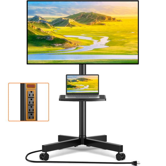 TVON Mobile TV Stand with Power Outlet, Tilt Rolling TV Cart for 23-60 Inch LCD LED OLED Flat Curved Screen TVs up to 88 lbs, Height Adjustment Portable TV Stand on Wheels, Max VESA 400x400mm