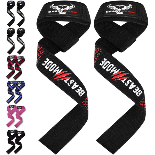 BEAST RAGE Lifting Wrist Straps for Weightlifting, Weight Lifting Straps Gym Power Workouts Lifting Straps Padded Cotton Men Women Supportive Lift Deadlift Straps Hard Pull Exercise Straps (Black Red Silicone)