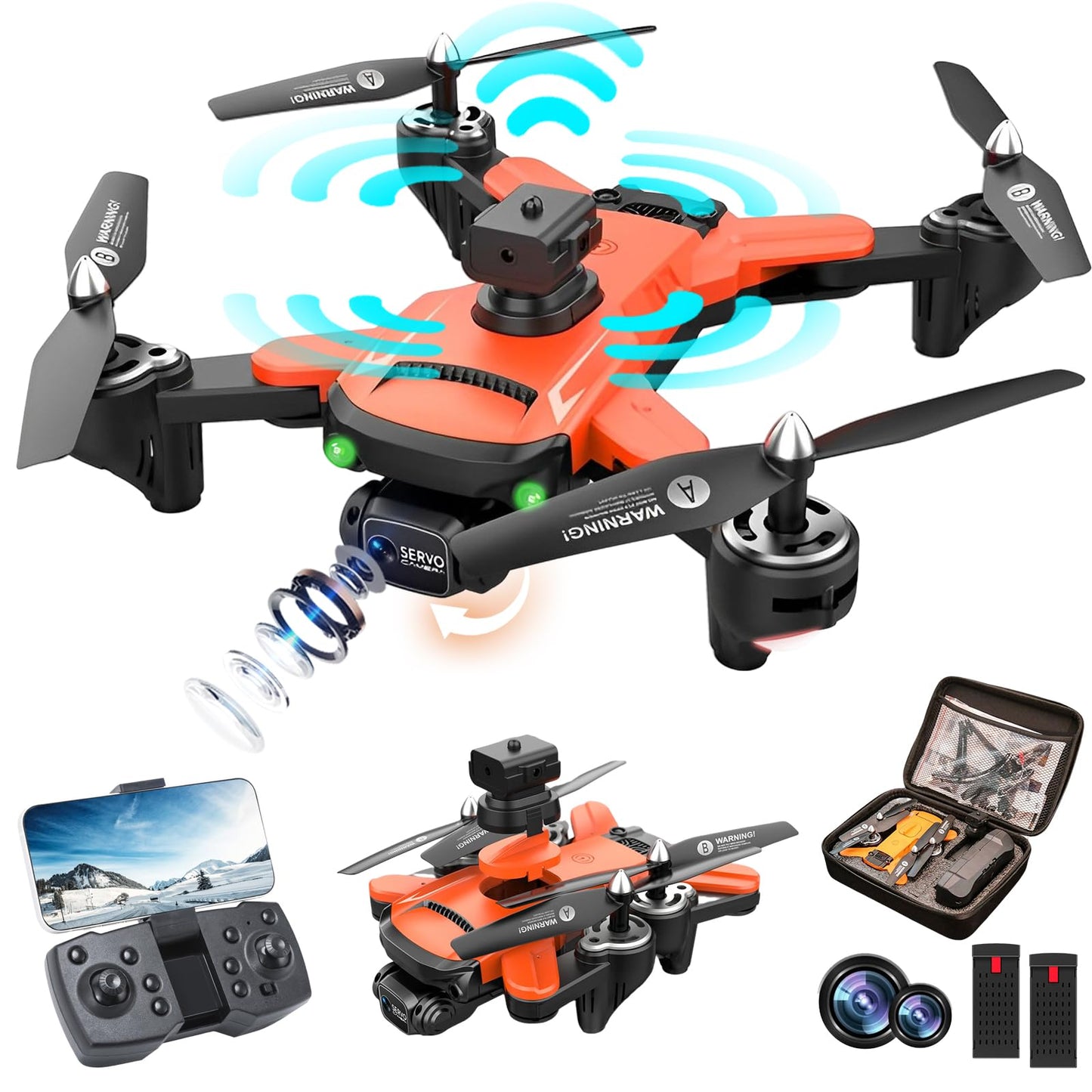 RiskOrb Drone with Camera for Kids/ Adults/Beginners, 540 Assisted Obstacle Avoidance, Optical Flow Positioning, Remote Control 1080P Double Camera, 3D Flip,Foldable FPV Video Pro Quadcopter, Toys Gift for Boys/Girls 8-12, 2 Batteries(Orange)