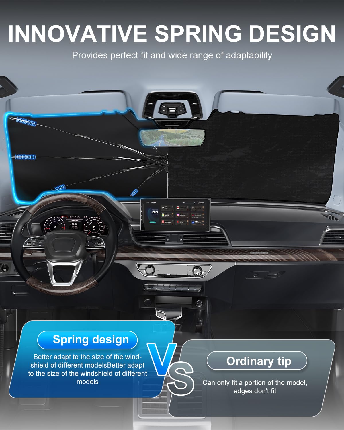 PEMOTech Car Windshield Sunshade Umbrella 10-Layer Nano UV Blocker [Heat Damage Keep Cool] & [Anti-Puncture System] Auto-Folding car Shades for Front Windows Umbrella for Sedan/SUV(61"x32"/155x81cm)