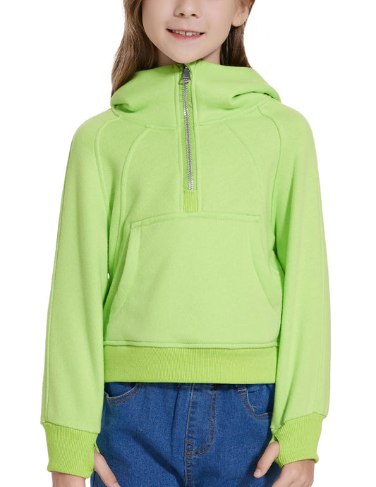Fdqin Sweatshirt for Kid Half Zip Up Cropped Hoodies for Girls Fleece Pullover Tops Winter Clothes Neon Green 7-8Years