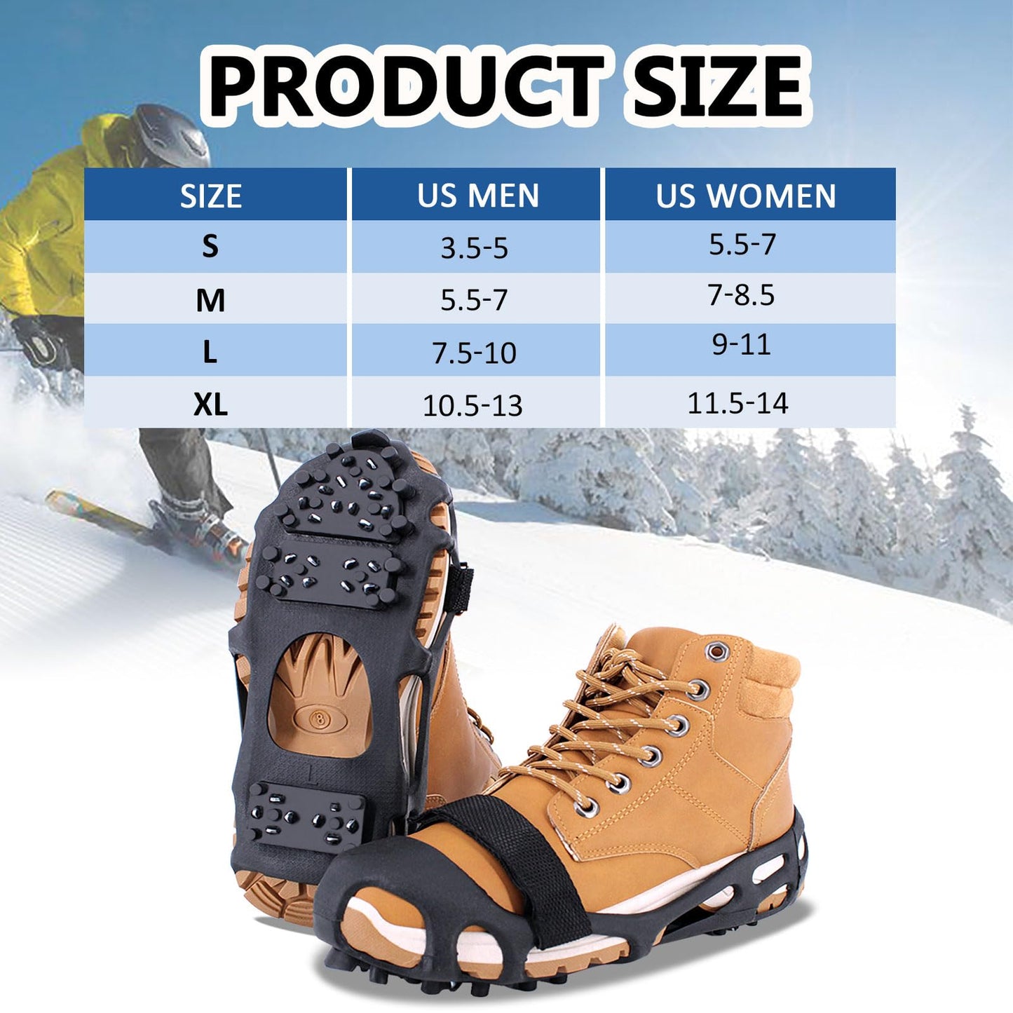 MOVOYEE Ice Cleats for Shoes and Boots Women Men, Crampons for Hiking Boots Climbing Fishing Running, Rubber Stainless Steel Studs Traction Anti Slip Grips Spikes for Shoes On Ice Snow Winter Walking
