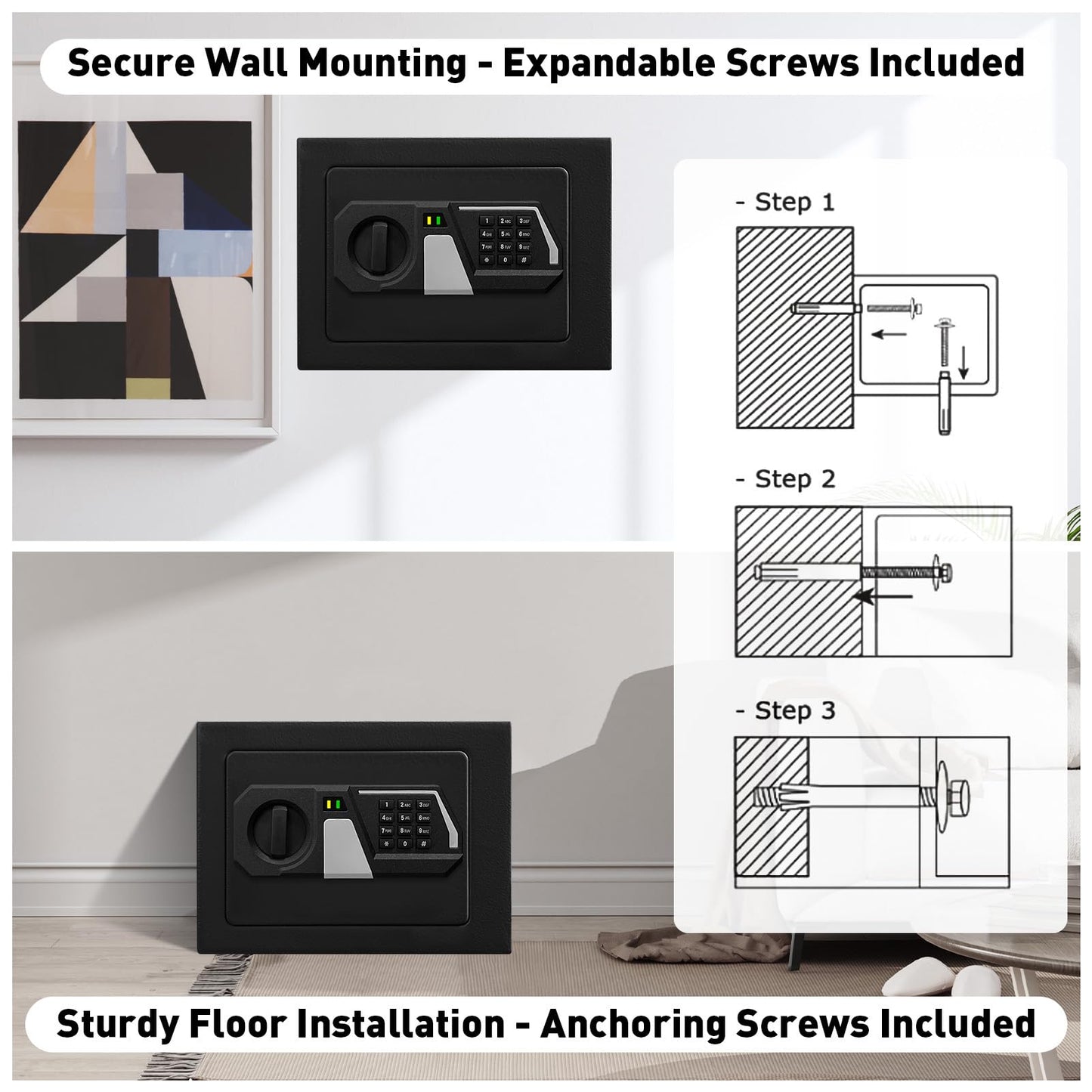 TOTOY Small Personal Safe Box 0.5 Cu Ft- Electronic Digital Security Safe Steel Construction Hidden with Key Lock, Wall or Cabinet Safety Box for Home Office Hotel Business Jewelry Gun Cash Money