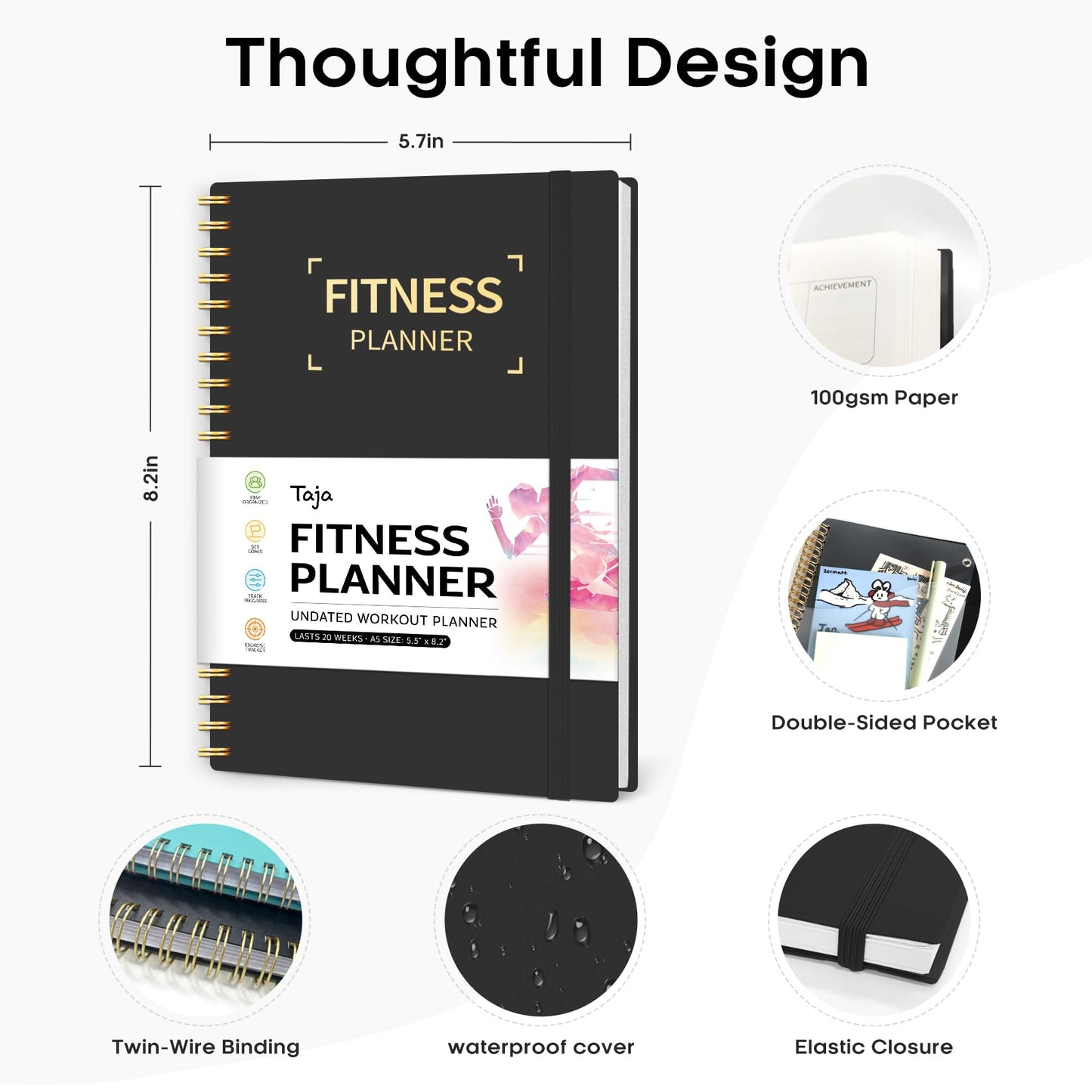 Fitness Workout Journal for Women & Men, A5(5.5" x 8.2") Workout Log Book Planner for Tracking, Progress, and Achieving Your Wellness Goals-Black