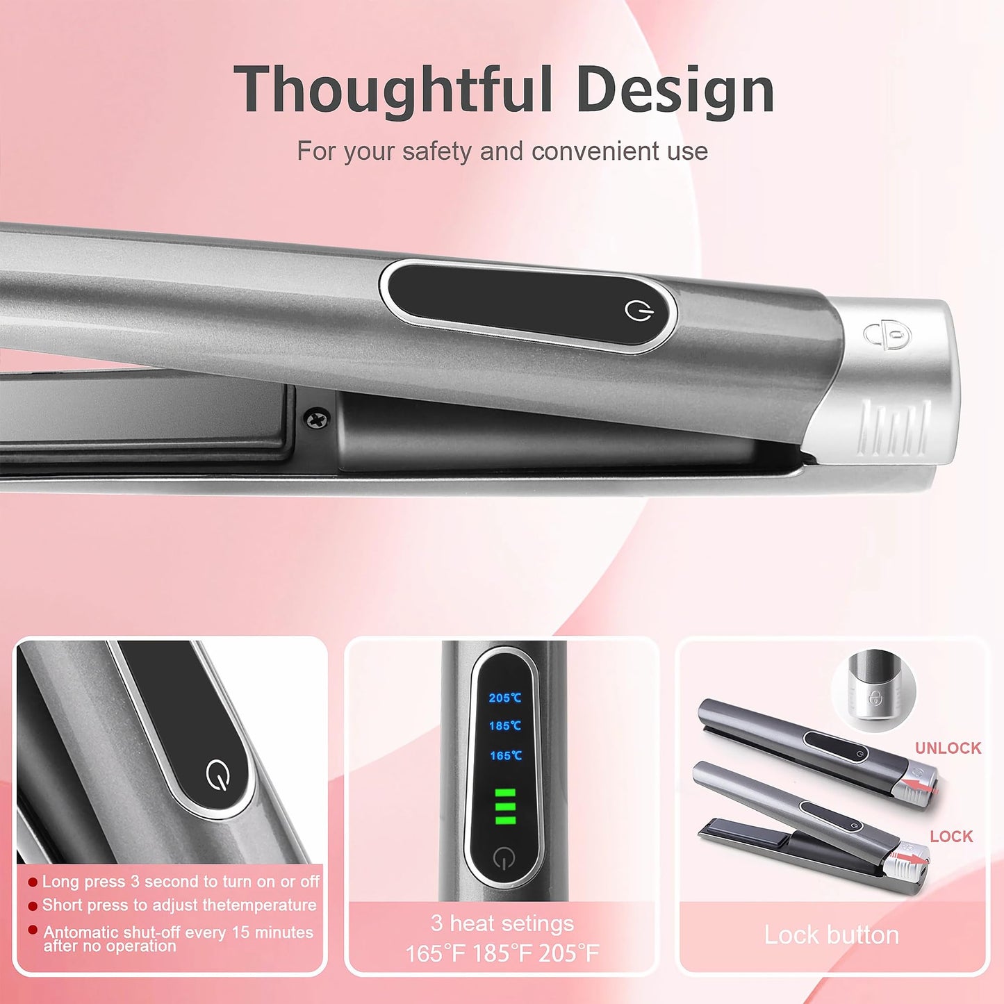 Cordless Hair Straightener and Curler, 2 in 1 Portable Mini Flat Iron & Curling, Fast Heating & Titanium Plate Straightener Curling Iron with 3 Adjustable Temp, LCD Temp Display