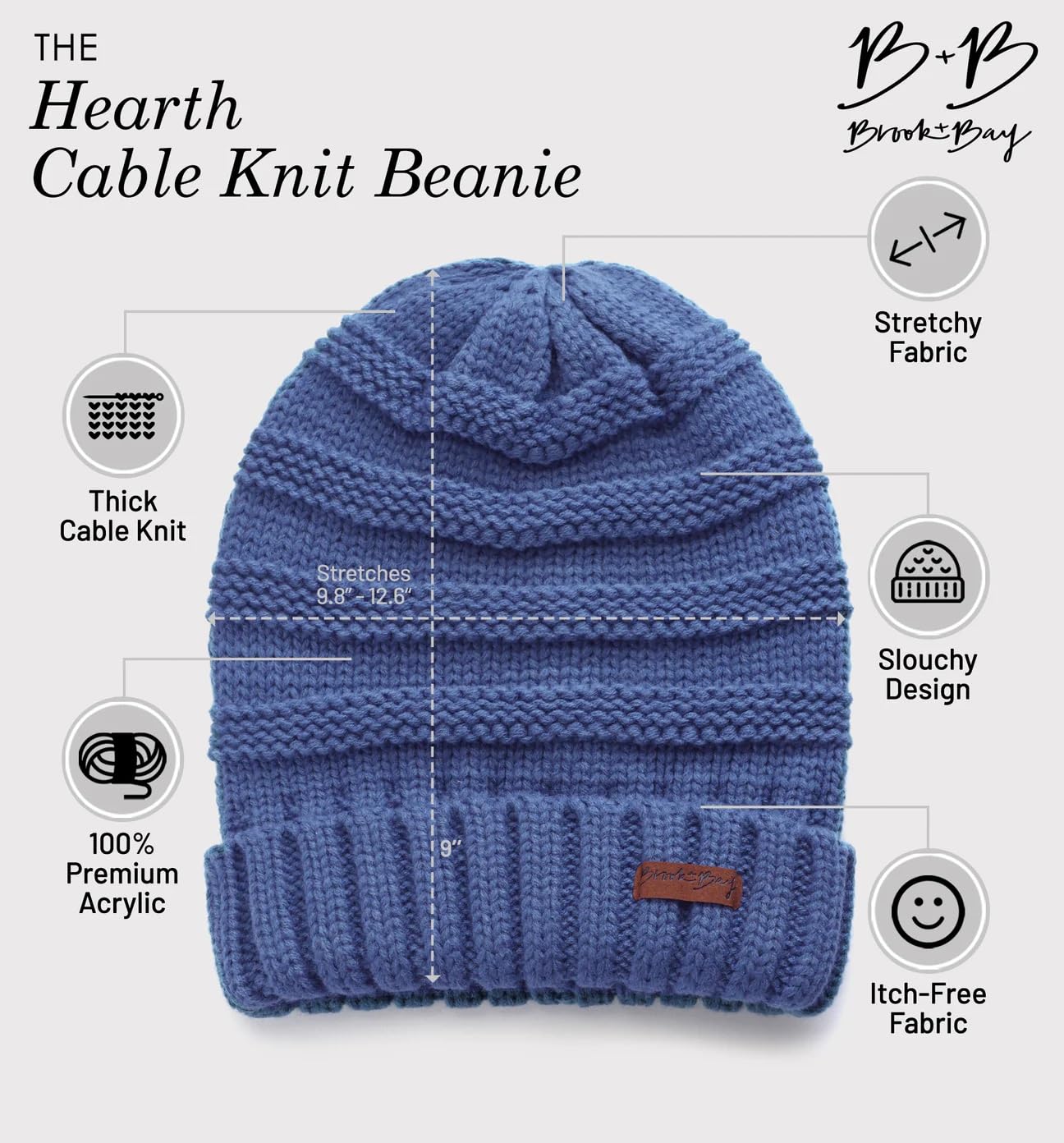 Tough Headwear Brook + Bay Slouchy Beanie, Women's Winter Hats for Cold Weather, Oversized Knitted Hats Denim Blue