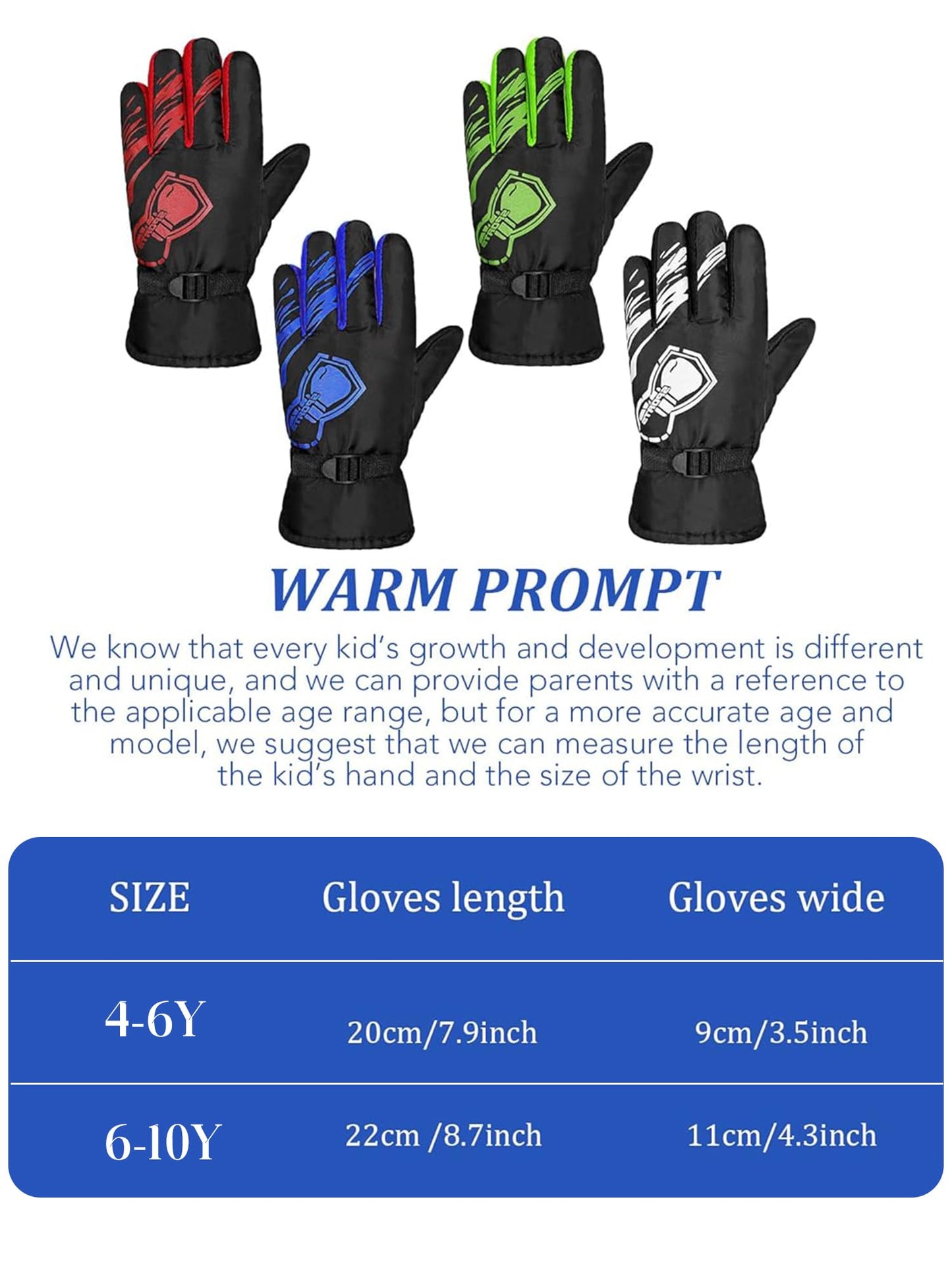 Yaomiao 4 Pairs Kids Winter Long Gloves Waterproof Children Long Cuff Snow Mittens Gloves Windproof Ski Gloves for Outdoor (Red, Green, Blue, White,6-10 Years)