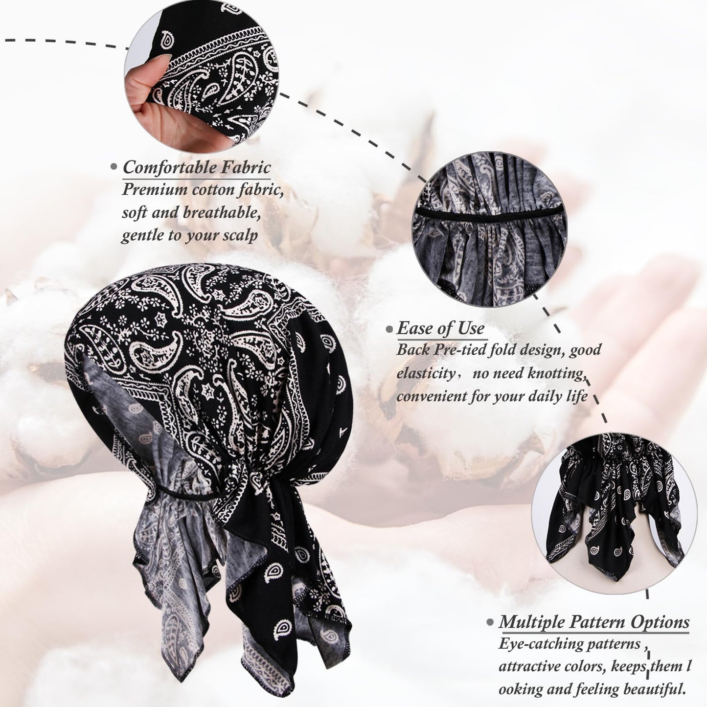 Oumrote 4 Pieces Soft Cotton Chemo Headwear for Women, Stretch Pre-Tied Chemo Head Scarves for Cancer