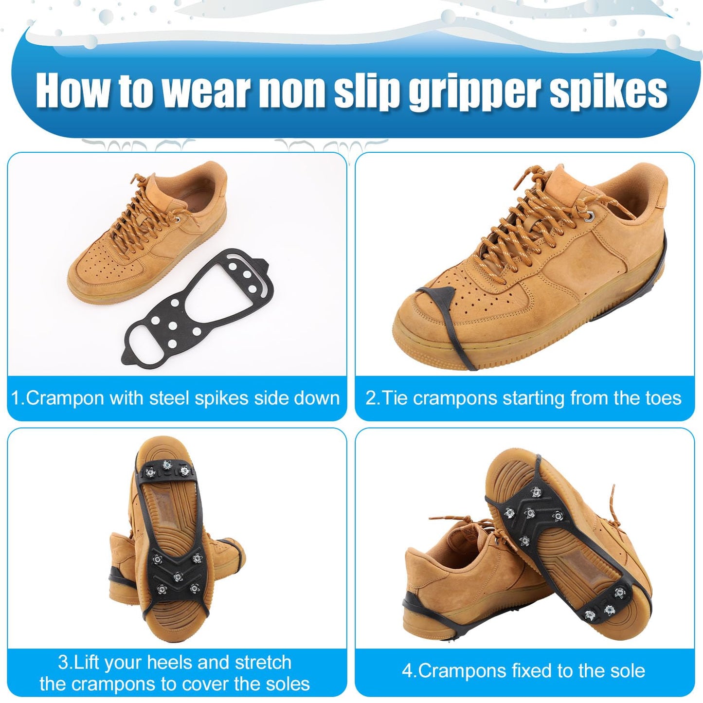 2 Pair Ice Cleats, Universal Non Slip Gripper Spikes Winter Ice Snow Spikes Grips Crampons Traction Cleats Anti-Skid Footwear for Shoes and Boots for Walking Hiking Climbing