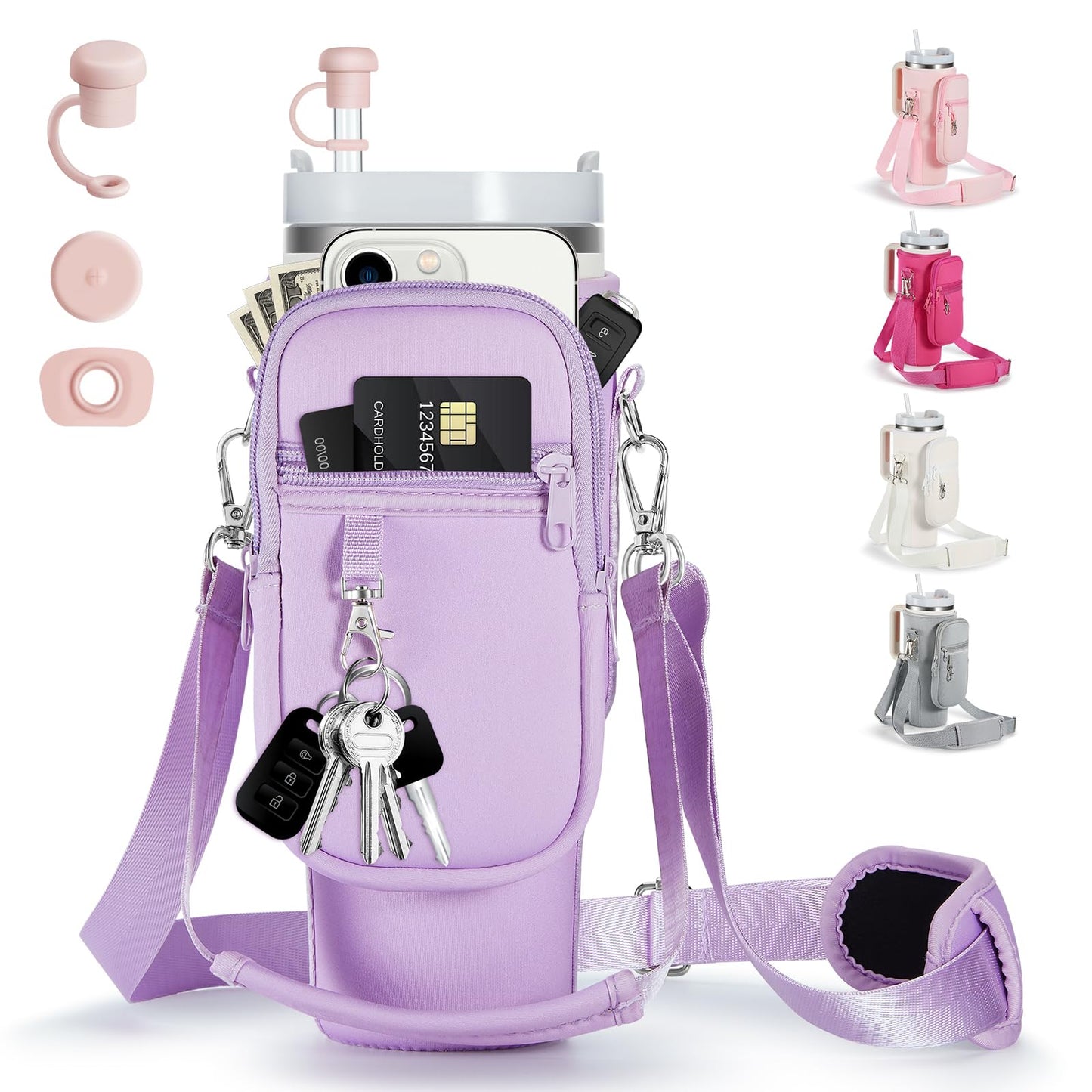 linmaya Water Bottle Carrier Bag with Phone Pocket for Stanley 40/30 oz Tumbler Neoprene Water Bottle Holder Pouch with 2 Adjustable Strap & 3 Leak Stoppers for Stanley Cup Accessories