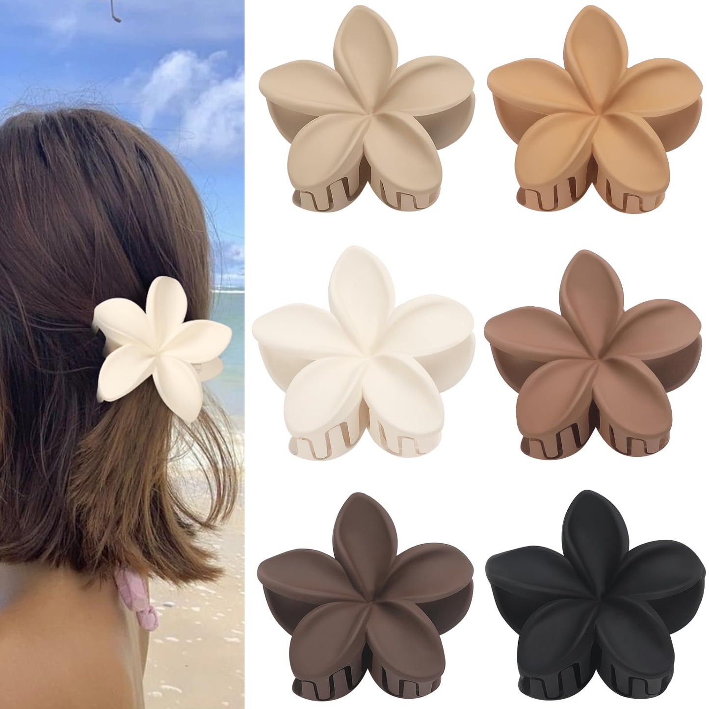 Sisiaipu Hawaiian Plumeria Flower Claw Hair Clips - 6 Pcs Large for Thick Hair and Thin for Beach, Hair Accessories for Women and Girls - Khaki