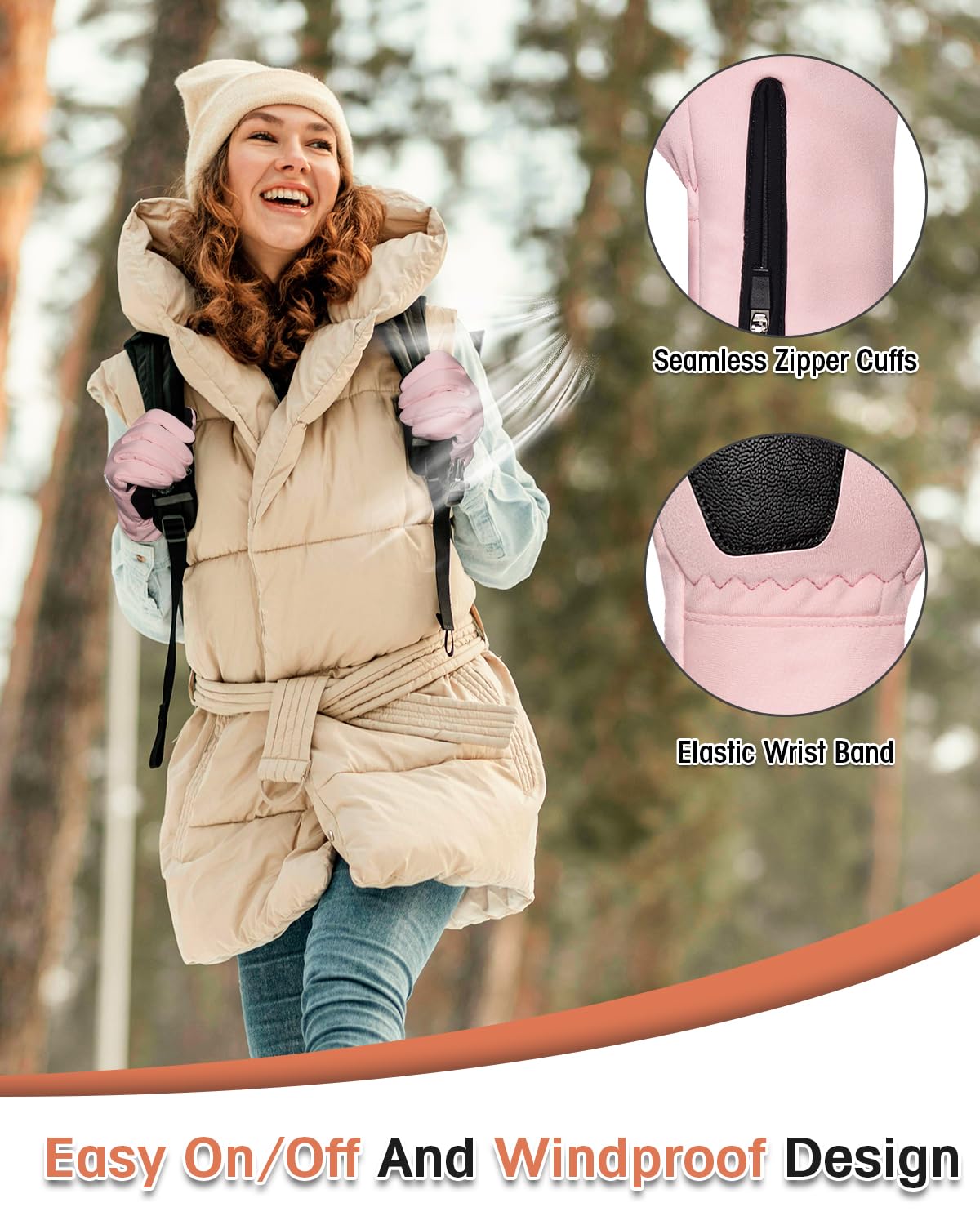 RIGWARL Waterproof Winter Gloves for Men Women Cold Weather, Touchscreen Running Gloves with Adjustable Zipper Wrist for Hiking Cycling Fishing Outdoor Work