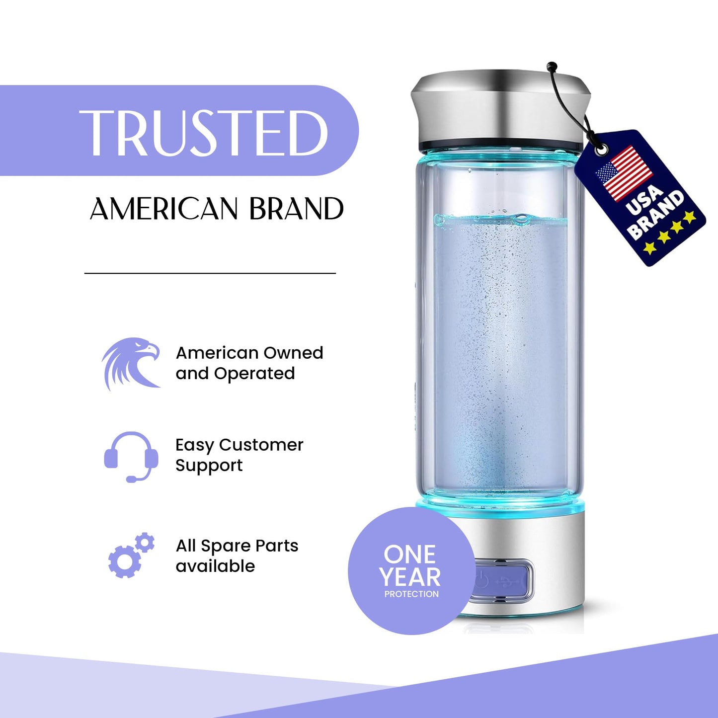 LevelUpWay - Hydrogen Water Bottle Up to 4000PPB SPE PEM Technology Water Ionizer (Borosilicate Glass, Silver)