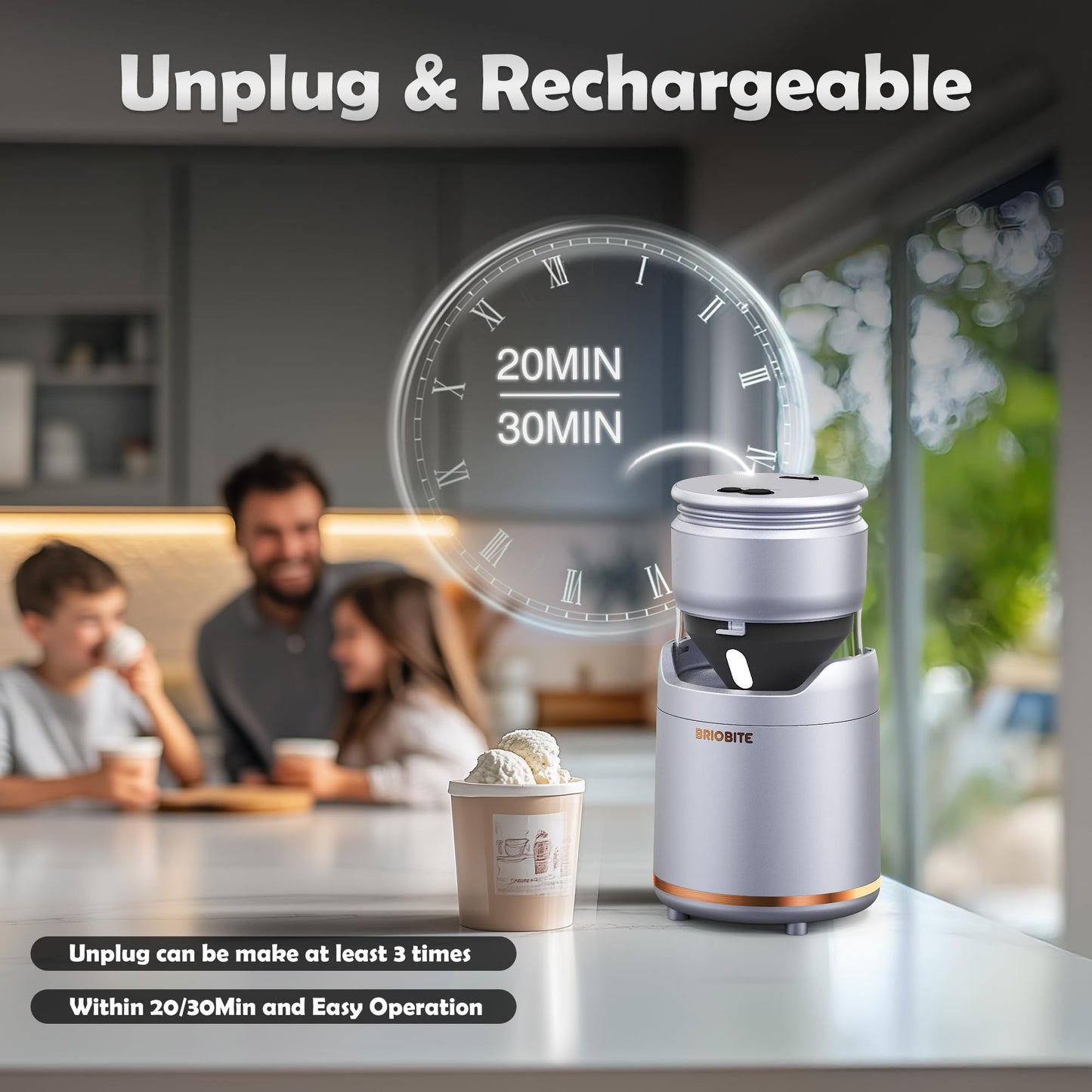 BRIOBITE Ice Cream Maker Machine – Premium Electric Mini Maker Machine with Low-Noise Operation, Rechargeable,Perfect for Gelato, Sorbet & Frozen Yogurt, Easy to Clean,Silver