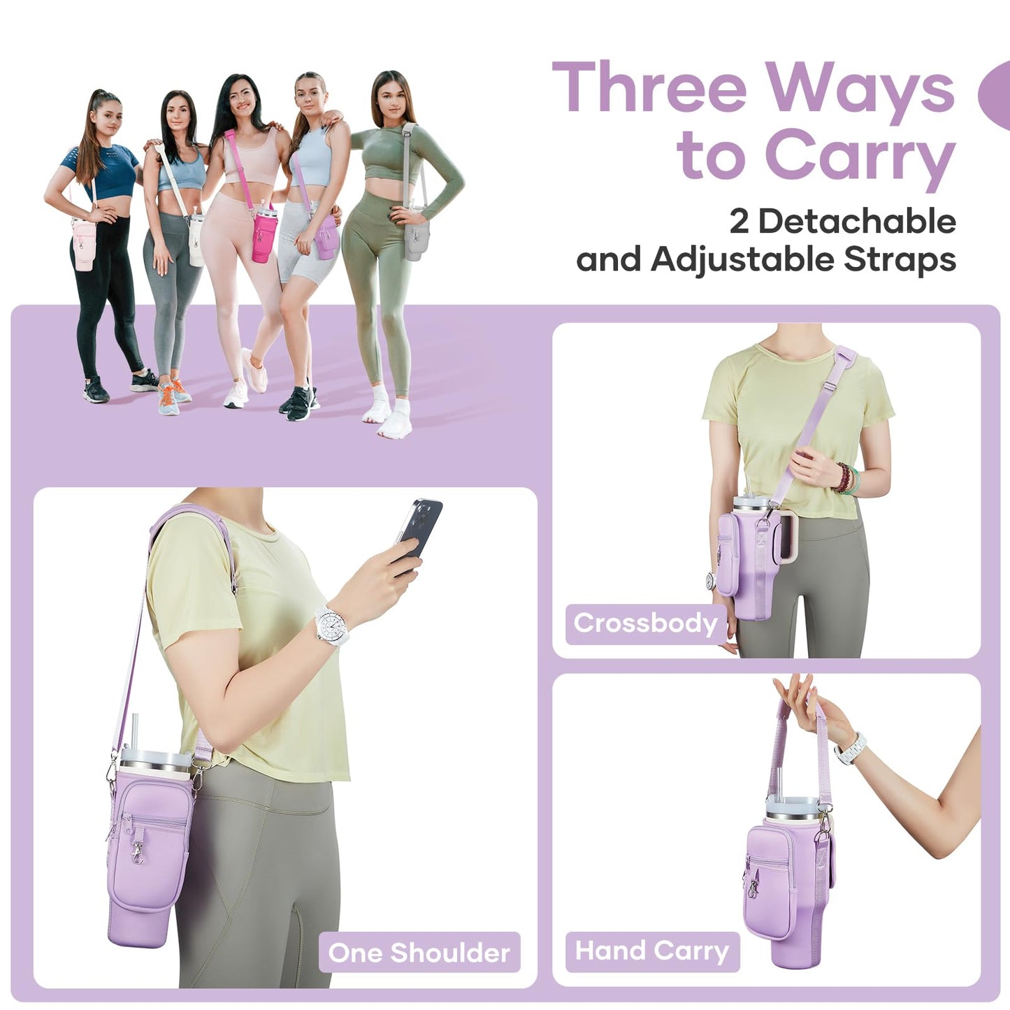 linmaya Water Bottle Carrier Bag with Phone Pocket for Stanley 40/30 oz Tumbler Neoprene Water Bottle Holder Pouch with 2 Adjustable Strap & 3 Leak Stoppers for Stanley Cup Accessories