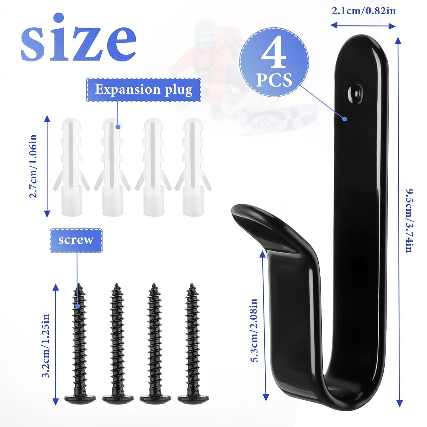 ZWIN 4Pcs Horizontal Snowboard Wall Mount Clips, Horizontal Snowboard Wall Rack Hanger Holders Storage Skateboard Wall Mount Display Rack for Room Garage Business