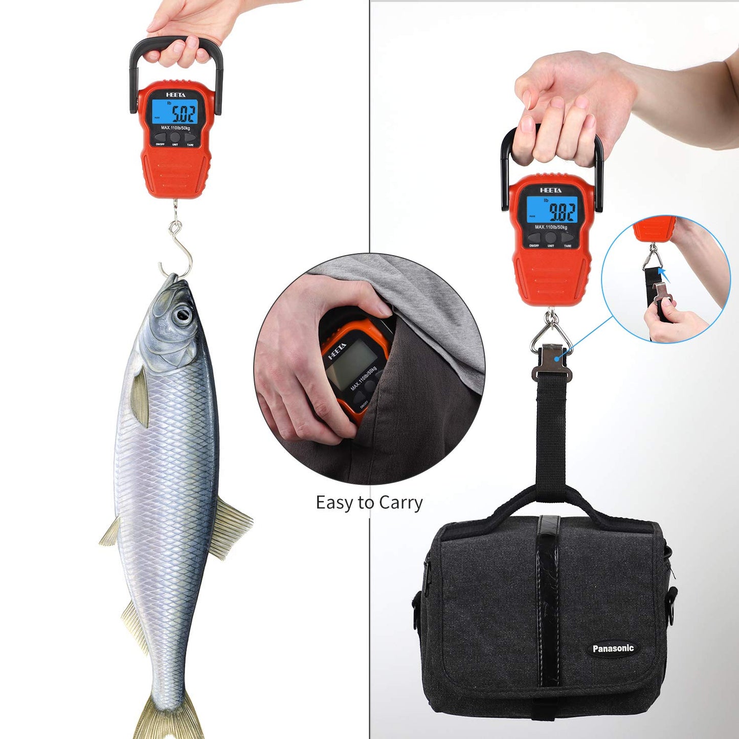 HEETA Fish Scale with Backlit LCD Display, Up to 110lb/50kg Digital Portable Hanging Fish Weight Scale with Hook & Measuring Tape for Home, Farm, Outdoor, Hunting, Fishing, 2 AAA Batteries Included