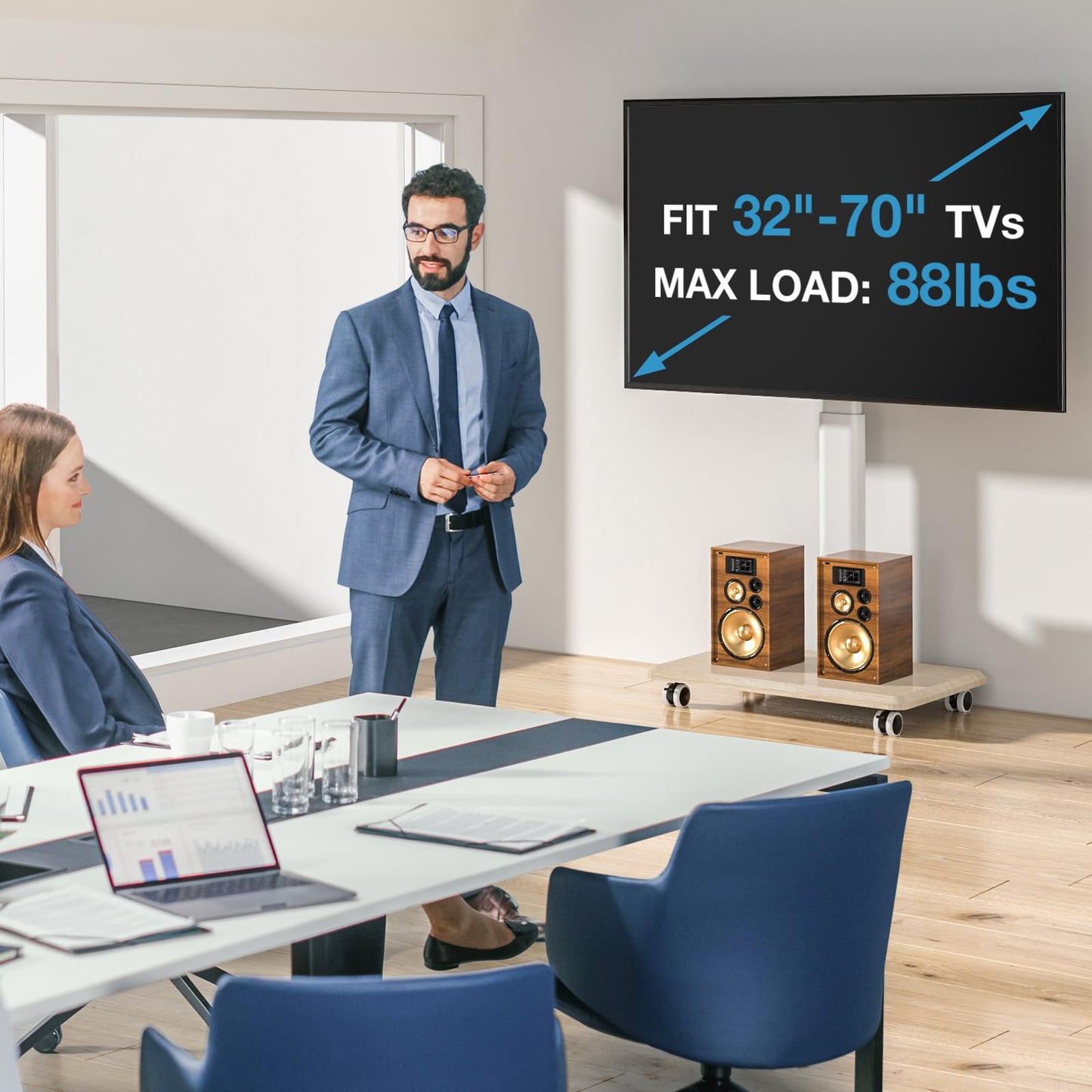 YOMT Portable Floor TV Stand on Wheels for 32-70 Inch TVs, Tall Universal Rolling TV Stand with Swivel Mount, Elegant Lockable Mobile TV Cart with Wood Base for Living Room, Bedroom, Dorm (White)