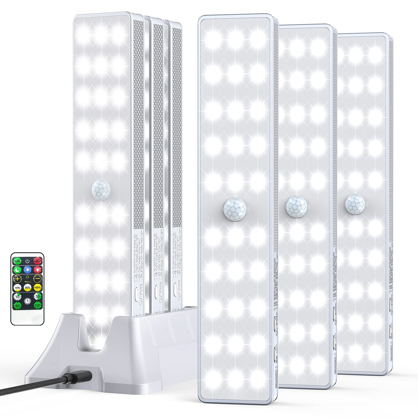 LED Closet Light with Charging Station, 6 Pcs 30LEDs 8'' Dimmer Rechargeable Motion Sensor Under Cabinet Lighting with Remote Control, Wireless Stick-Anywhere Night Light for Wardrobe,Kitchen