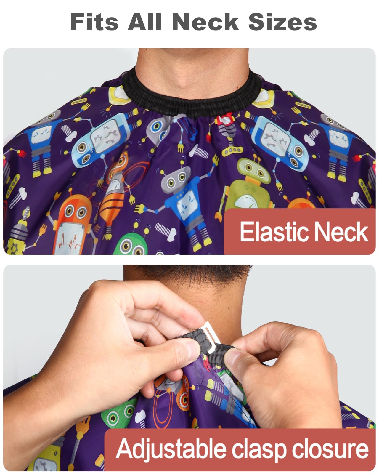 Kids Barber Cape with Neck Duster Brush, Professional Salon Hair Cutting Cape with Adjustable Snap Closure(Cartoon Robot)