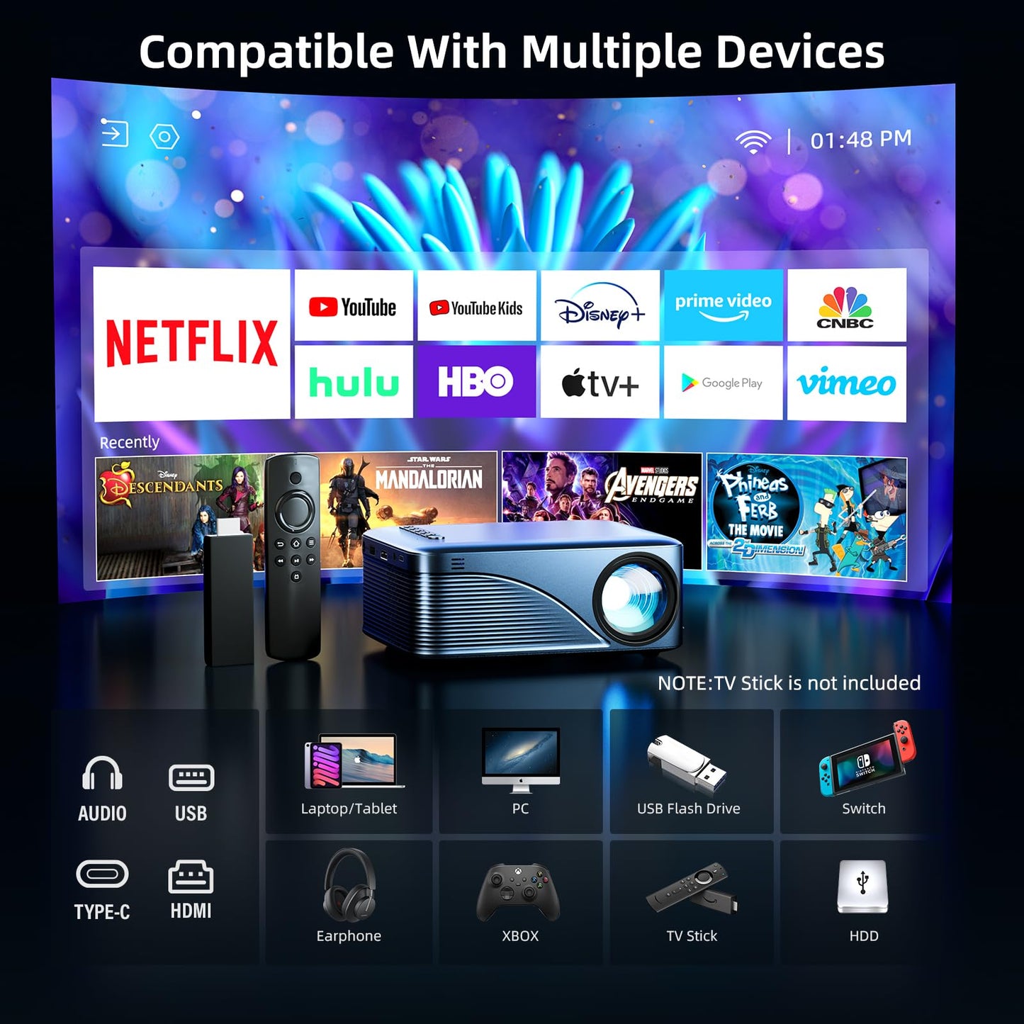 vamvo Mini Projector WiFi Portable Movie Projectors, Outdoor Projector with Stylish streamlined Design, Smartphones and Tablets Can Easy Connection to Video Projectors