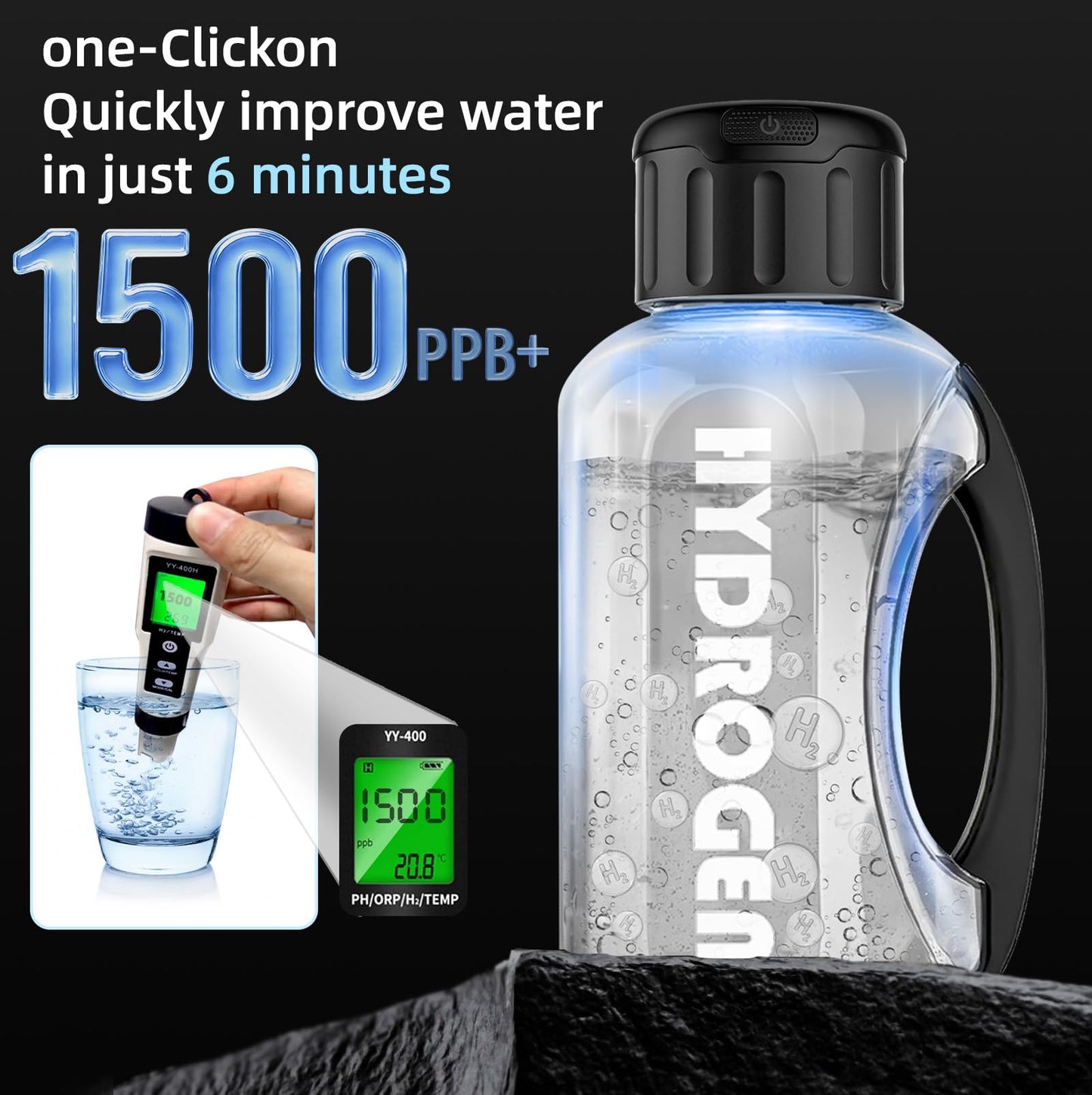 Yuloigan Hydrogen Water Bottle, 50 oz (1.5 Liter) Hydrogen Sport Water Bottles with Advanced Hydrogen Production Technology, Portable Rechargeable Water Generator Ionizer for Home, Office, and Travel