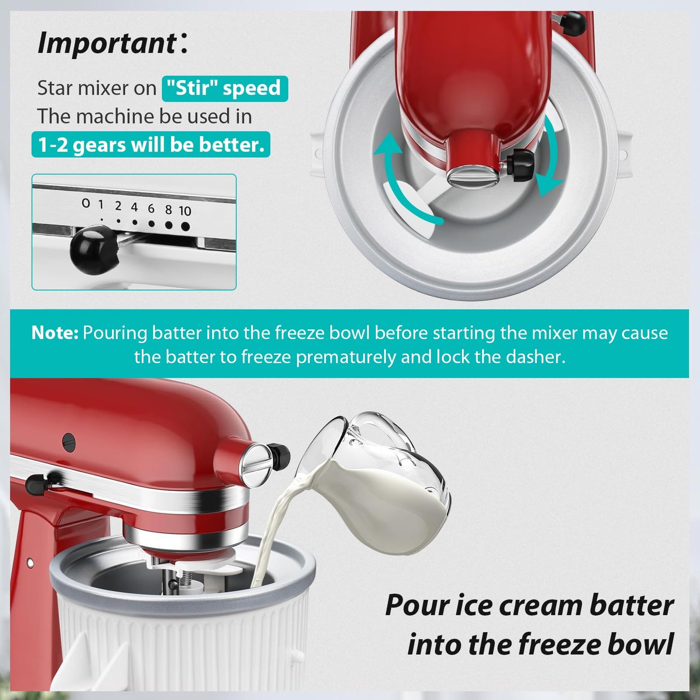 Ice Cream Maker Attachment for KitchenAid Stand Mixer, Ice Cream Bowl Compatible with 4.5Qt and Larger Stand Mixers, Ice Cream & Sorbet Gelato Maker Attachment, 2 Quart, White
