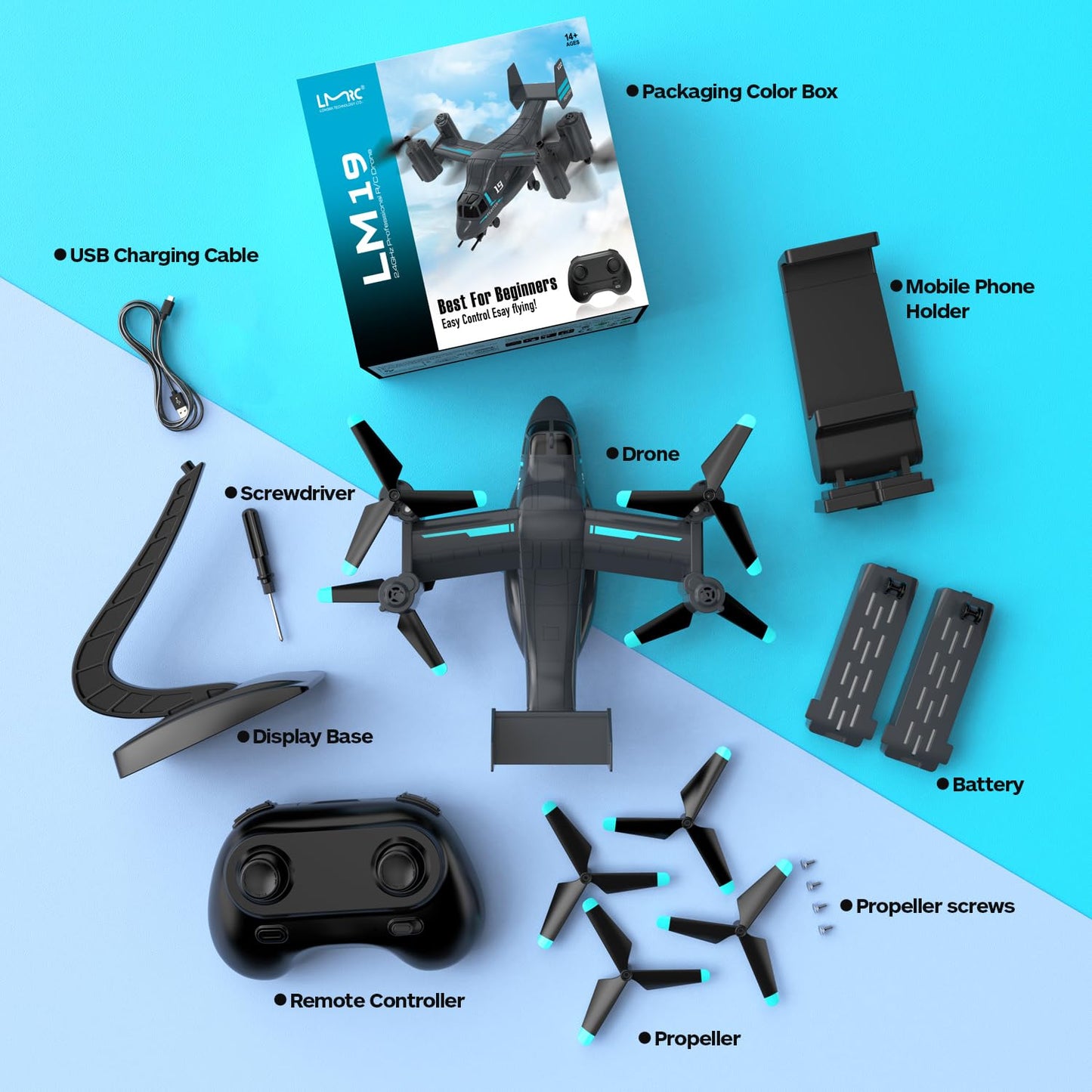 LM19-A Drone with Camera for Beginners, WiFi Live Video Remote Control Drones for Kids 8-12, Easy & Ready to Fly RC Plane, HD RC Quadcopter Gift Toy for Boys, FPV Drones for Adults, 2 Batteries