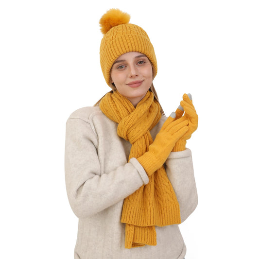 Double Couple Winter Beanie Hat Scarf Gloves Set for Women Beanie with Pom Long Scarf Warm Touchscreen Gloves Set