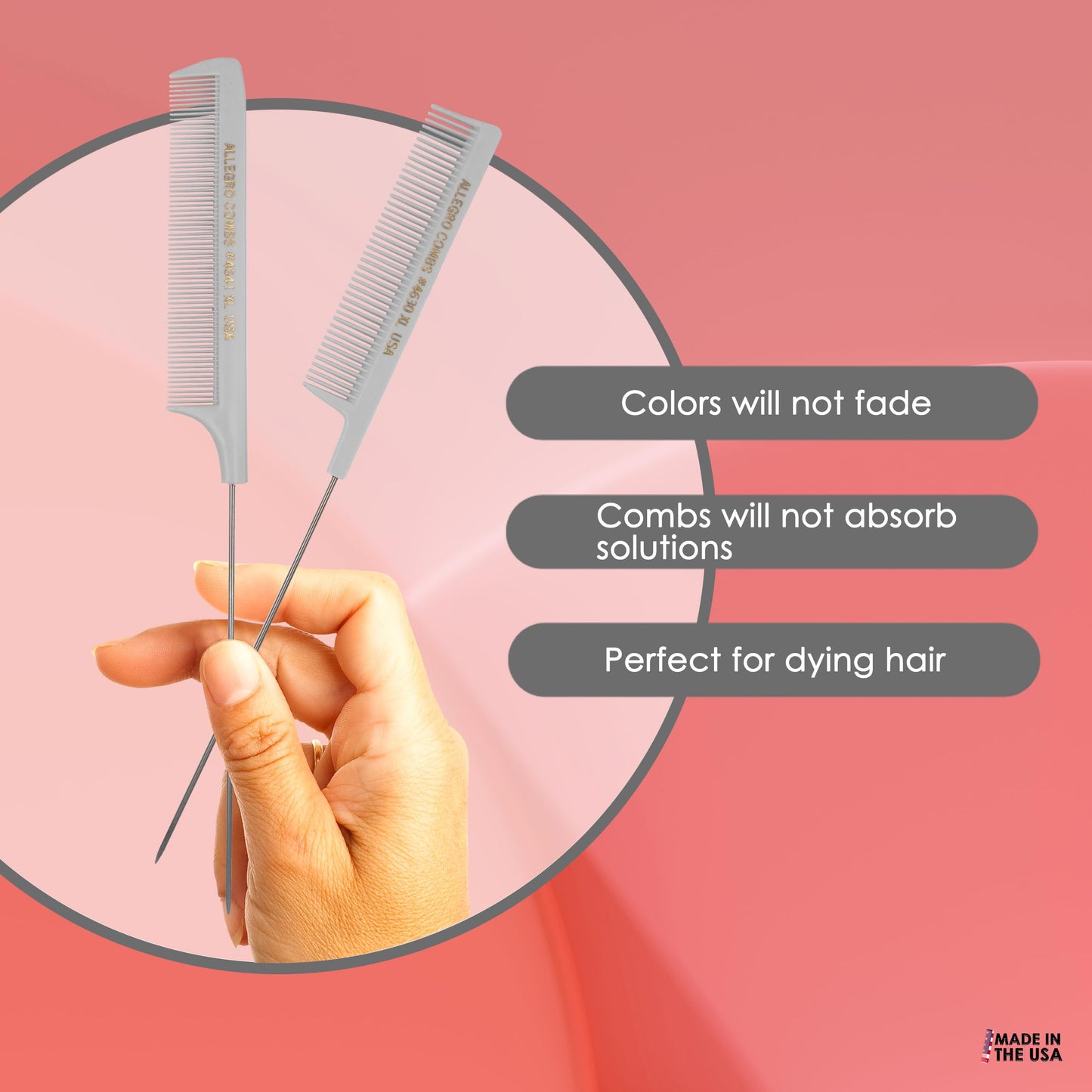 Allegro Combs XL Pintail Rat Tail Combs Parting Combs Metal Tail Foiling Combs Pin Combs Stitch Braids Combs2 Pc. (Gray)