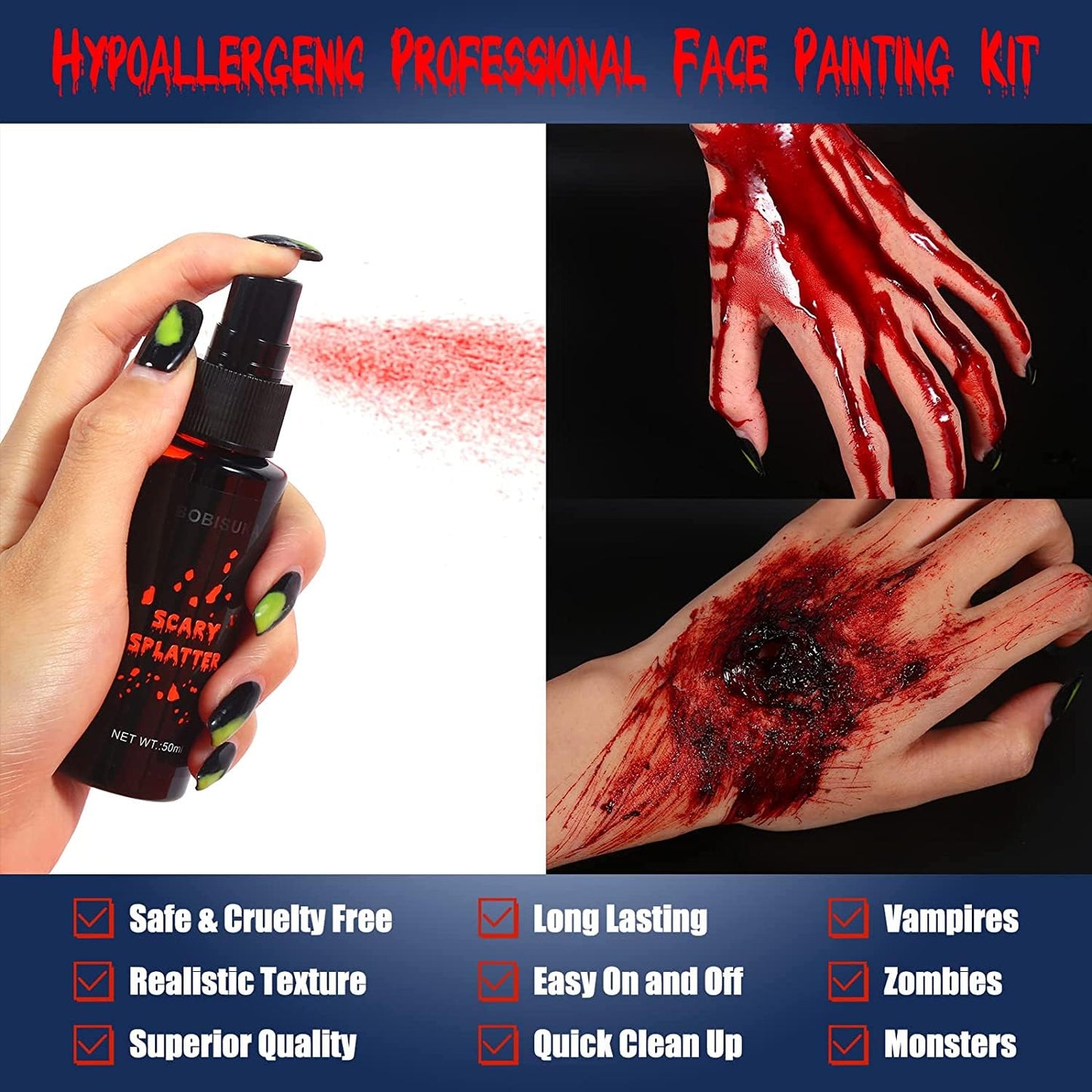 BOBISUKA 3PCS Halloween Fake Blood Makeup Kit - Coagulated 1.41oz + Spray 1.76oz + Dripping 1.76oz, Realistic Washable SFX Makeup for Zombie Monster Mouth Clothes Dress Up