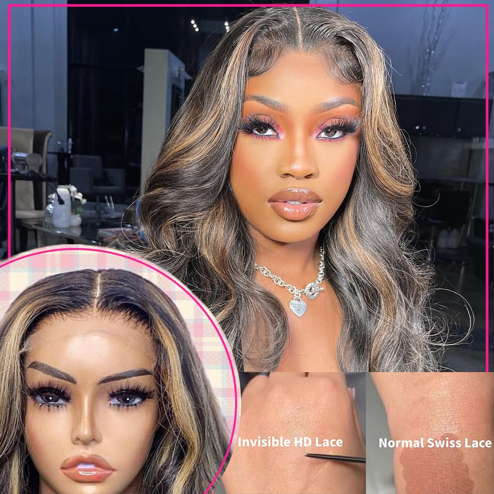 MUGOHK Highlight Lace Front Wig Human Hair 10 Inch Balayage Body Wave Bob 13x4 HD Lace Closure Wigs Pre Plucked with Baby Hair #1b27 Short Black and Blonde Ombre Human Hair Wig 150 Density for Women