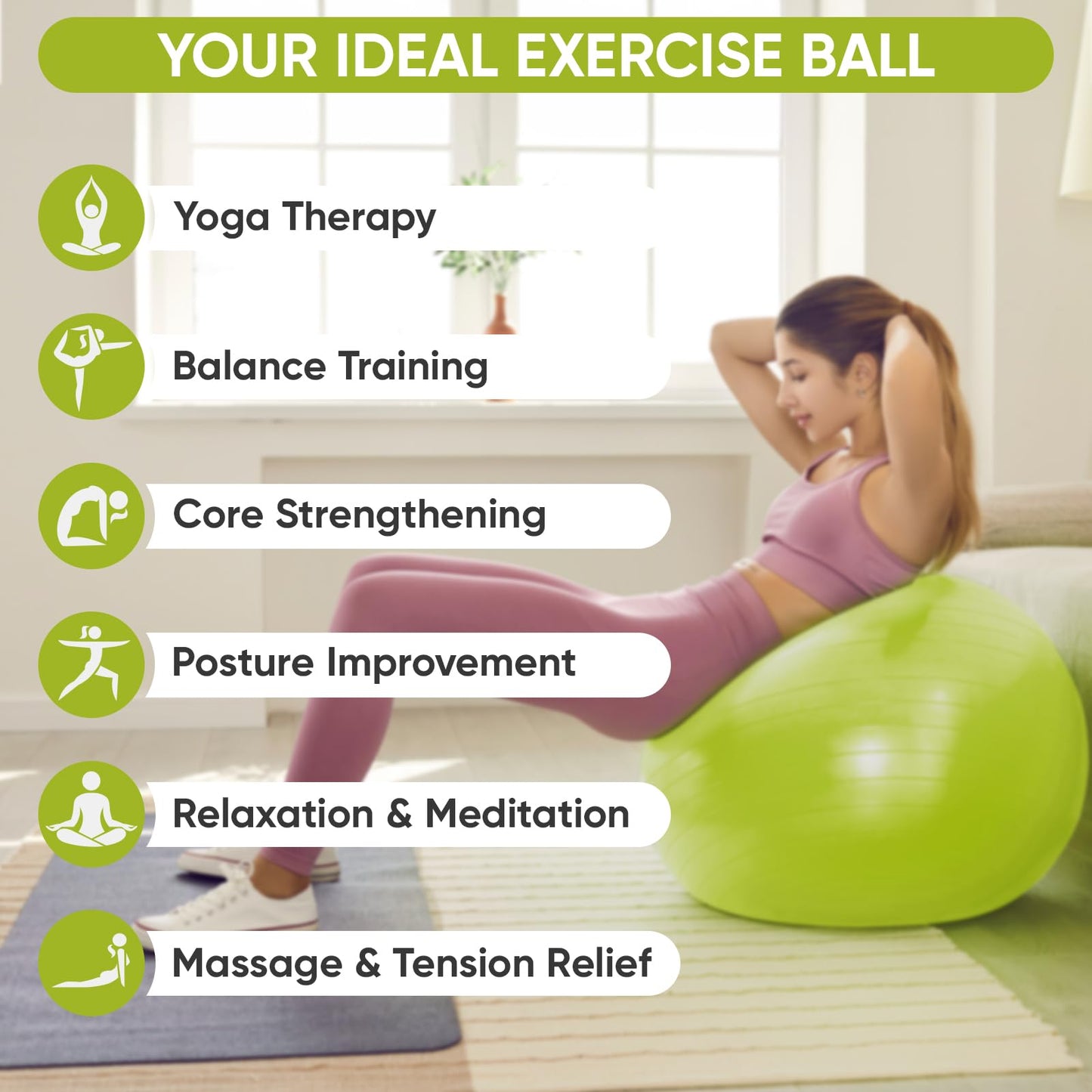 APEXUP Yoga Ball Exercise Ball, Anti Slip Stability Ball Chair, Heavy Duty Large Gym Ball for Fitness, Balance, Core Workout and Physical Therapy (S (15"~18") 45cm, Green)