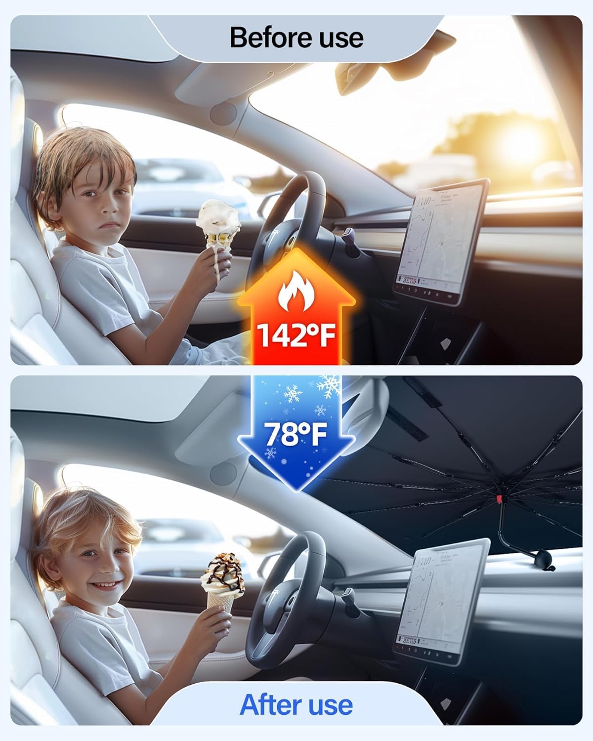 [2025 Upgrade] Windshield Sun Shade Umbrella, Foldable Car Sun Shade with Vinyl Coating Heat Shield UV Ray Reflector Keeps Cool and Protect Interior, for Auto Trucks Sedan SUV (57" x 31")