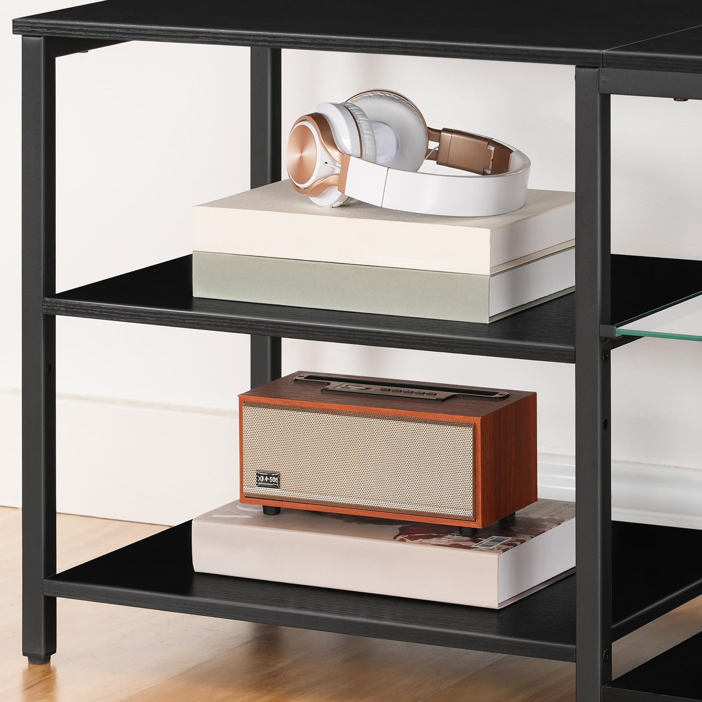 HOOBRO LED TV Stand for 65 Inch TVs with Charging Station, Gaming Entertainment Center with 3-Tier Open Storage, Long Media TV Console Table, TV Stand for Living Room, Bedroom, Black BB20UDDS01