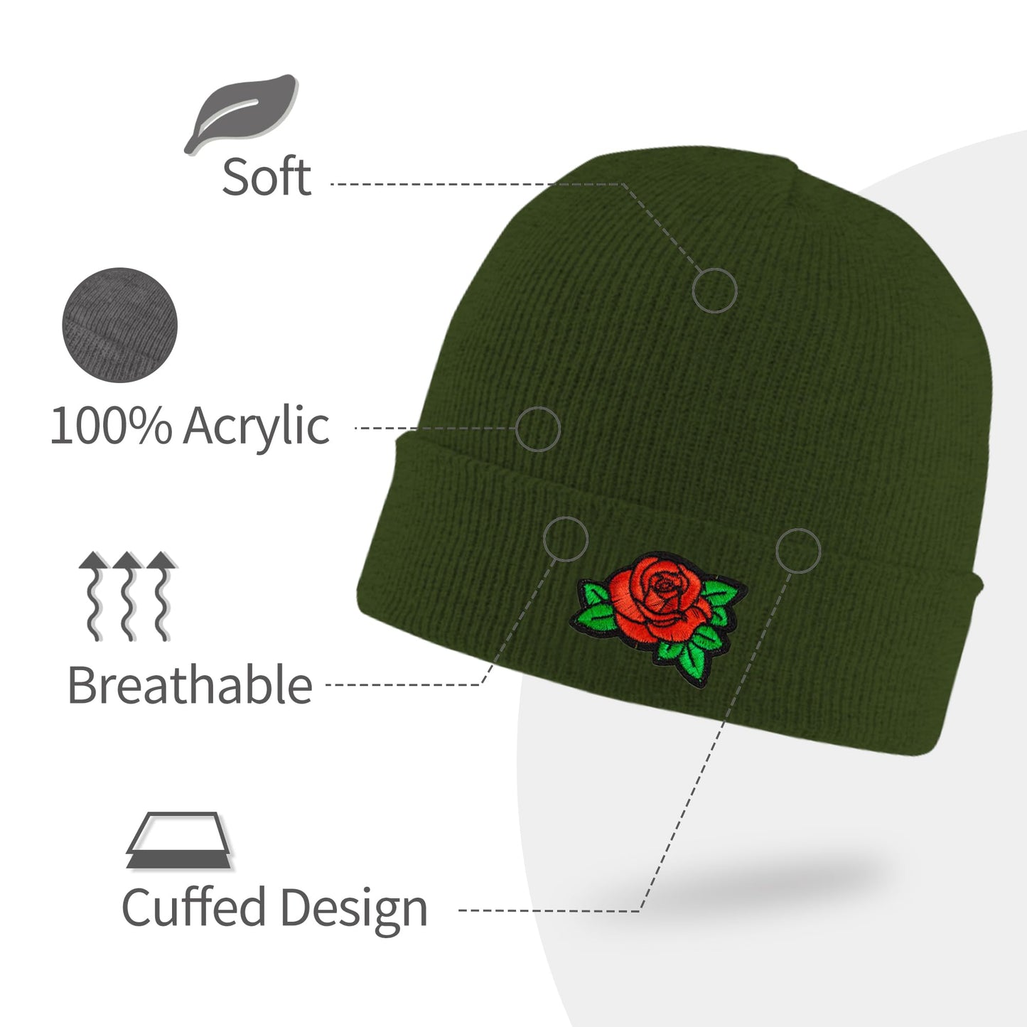 Beanie Hats for Men Unisex Rose Embroidered Women Acrylic Winter Cuffed Knit Warm Ski Hats Green Black