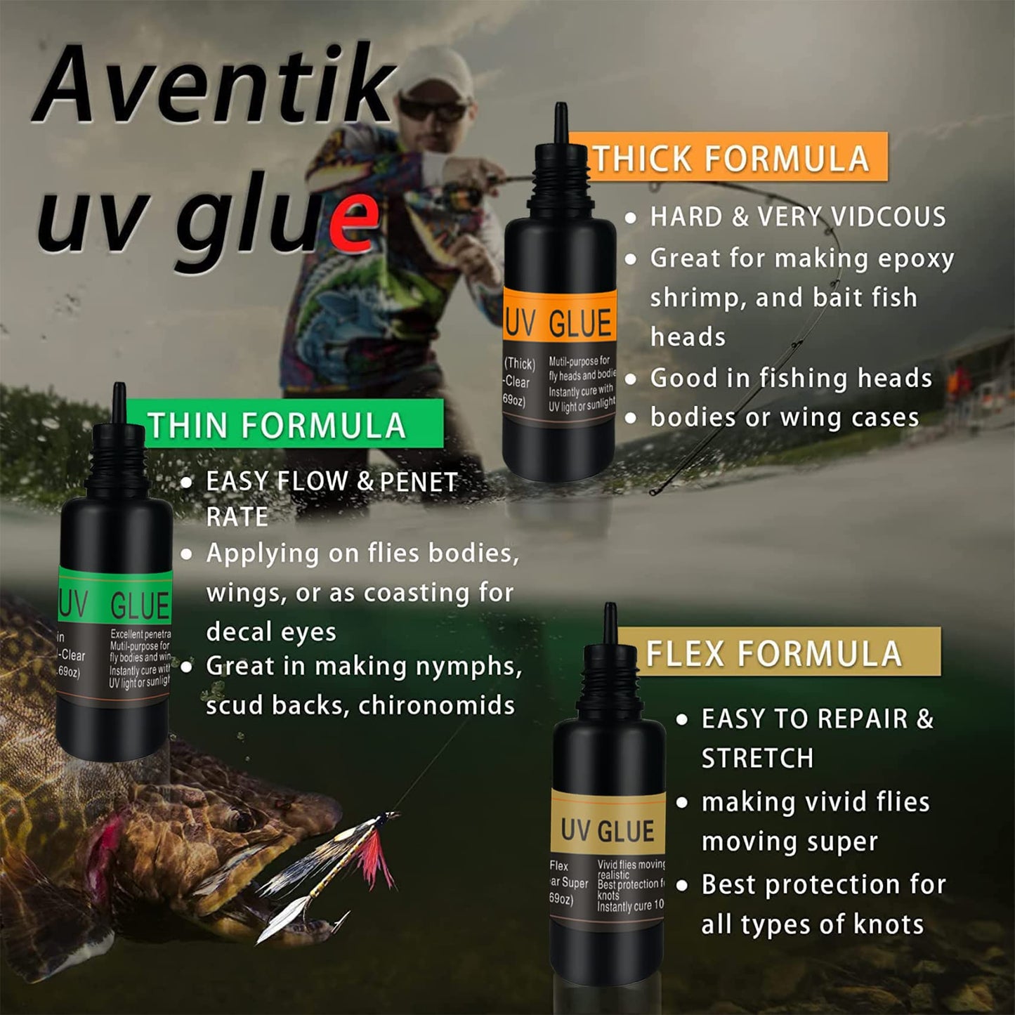 EUPHENG Fly Tying UV Resin Three Formula Thick,Thin and Super Flex Fly Tying Head Cement Fly Tying Glue for Building Flies Heads Bodies and Wings and Gluing Eyes