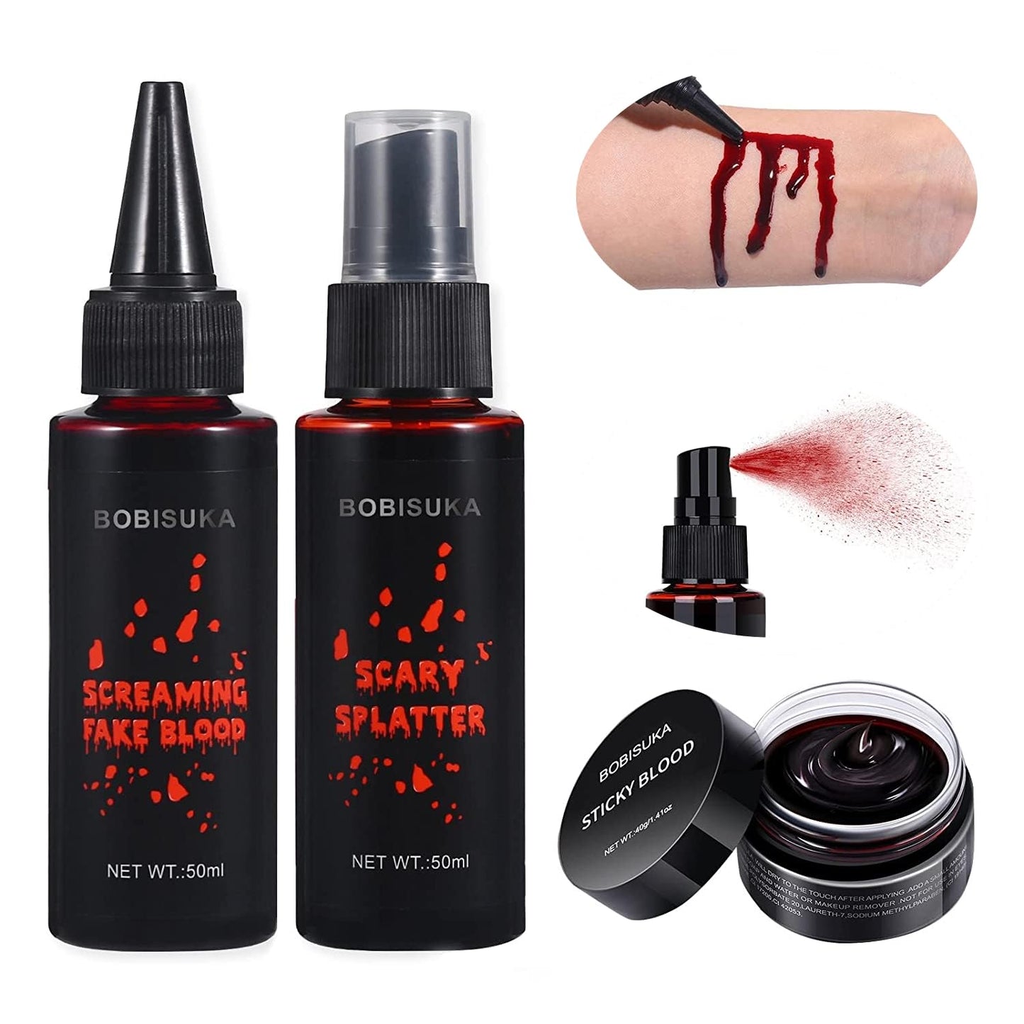 BOBISUKA 3PCS Halloween Fake Blood Makeup Kit - Coagulated 1.41oz + Spray 1.76oz + Dripping 1.76oz, Realistic Washable SFX Makeup for Zombie Monster Mouth Clothes Dress Up