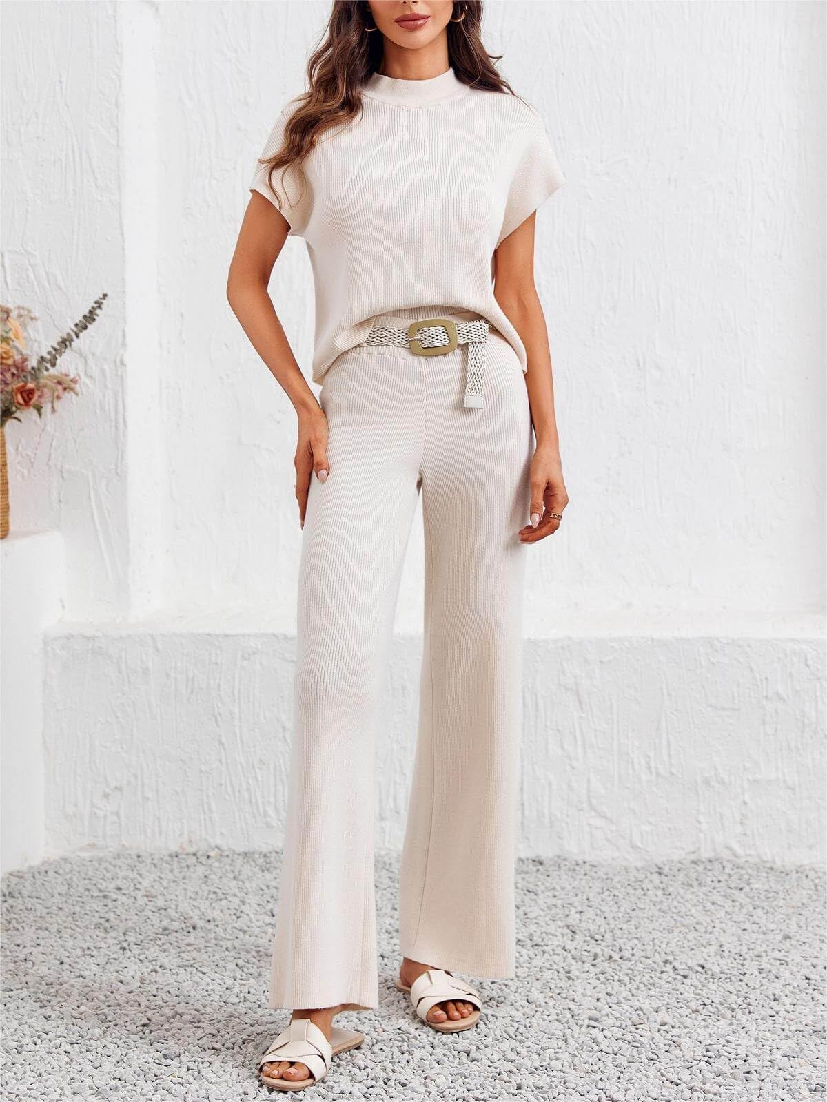 Imily Bela Women's 2 Piece Outfits Sweater Knit Sets Mock Neck Short Sleeve Tops Wide Leg Pants Casual Tracksuit