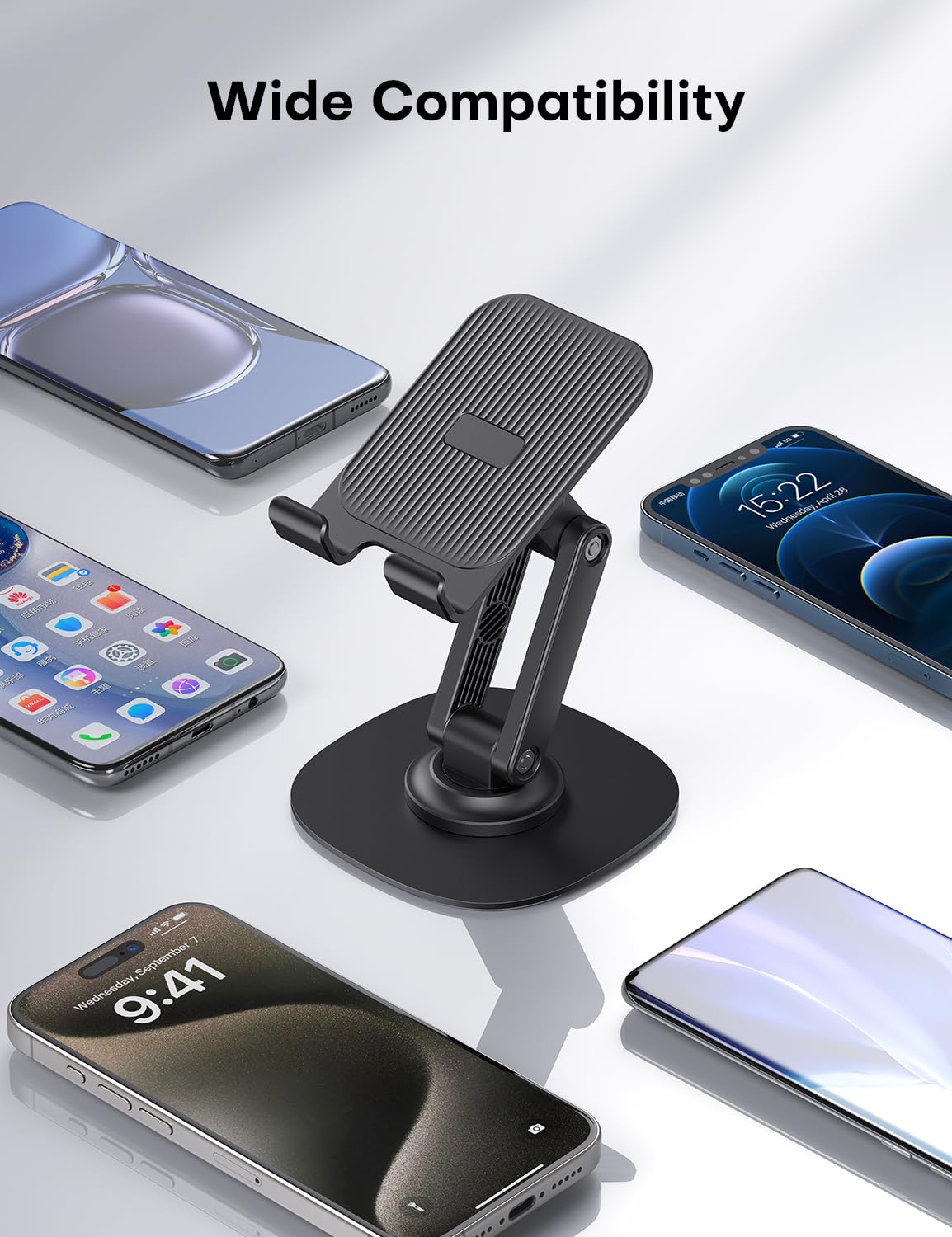 OMOTON Cell Phone Stand for Desk, 2 Pack Adjustable Foldable Phone Holder, 360 Swivel Mobile Stand Fit for iPhone 16 15 14 13 12 Pro Max and All Smart Phones, Black & White