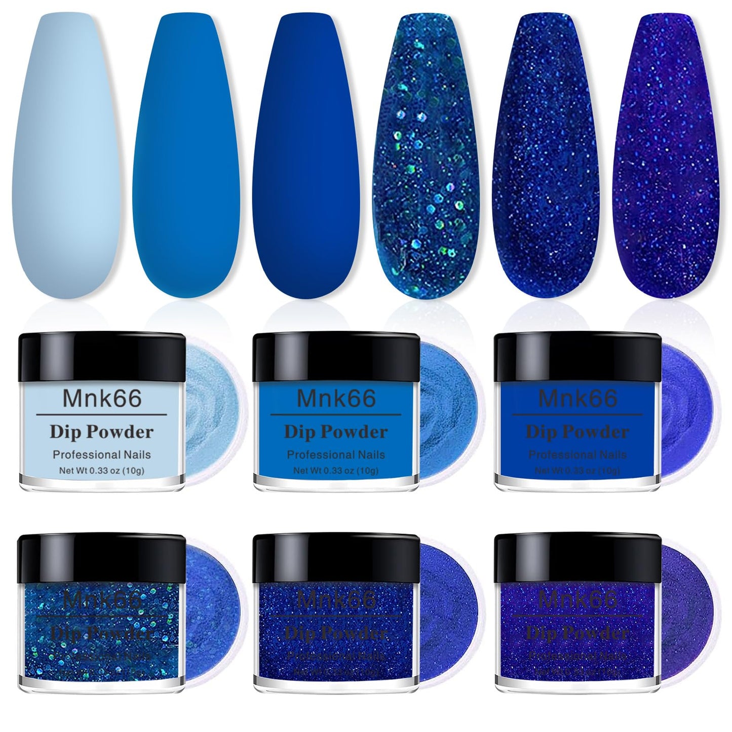 6 Colors Dip Powder Set, Royal Blue Glitter Dipping Powder Color Set, Glossy Nail Art Manicure DIY Salon Home Gift for Ladies,YYSDDPS-03-6pcs