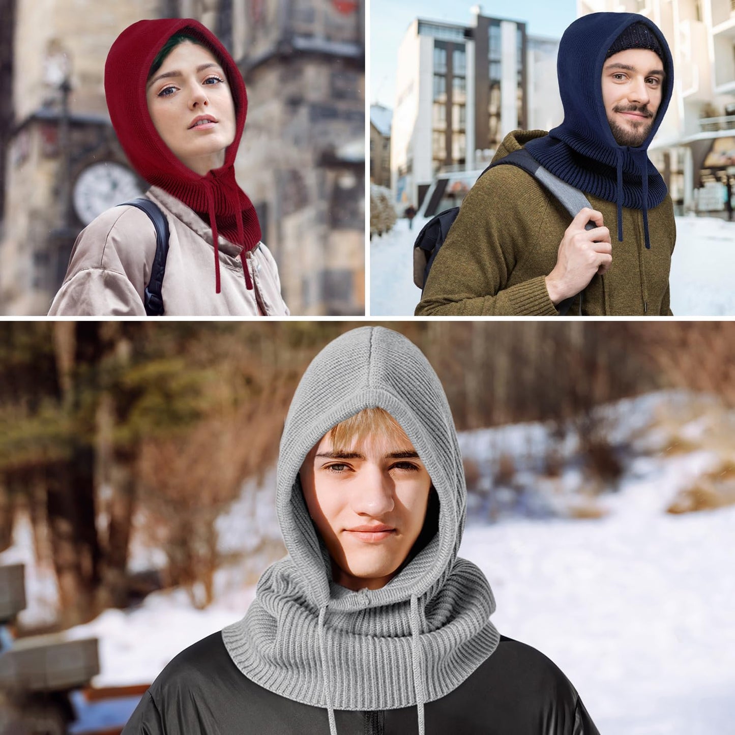 Peicees Hooded Scarf Hat Knit Balaclava for Women Men Winter Neck Gaiters Beanie Skull Cap Drawstring Neck Warmer Fashion
