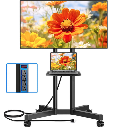 Rfiver Mobile TV Cart Rolling TV Stand with Power Outlet for 32-75 Inch Screens, Portable TV Stand on Wheels with Height Adjustment, Outdoor TV Mount Stand with Shelf Holds up to 88lbs for Home Office