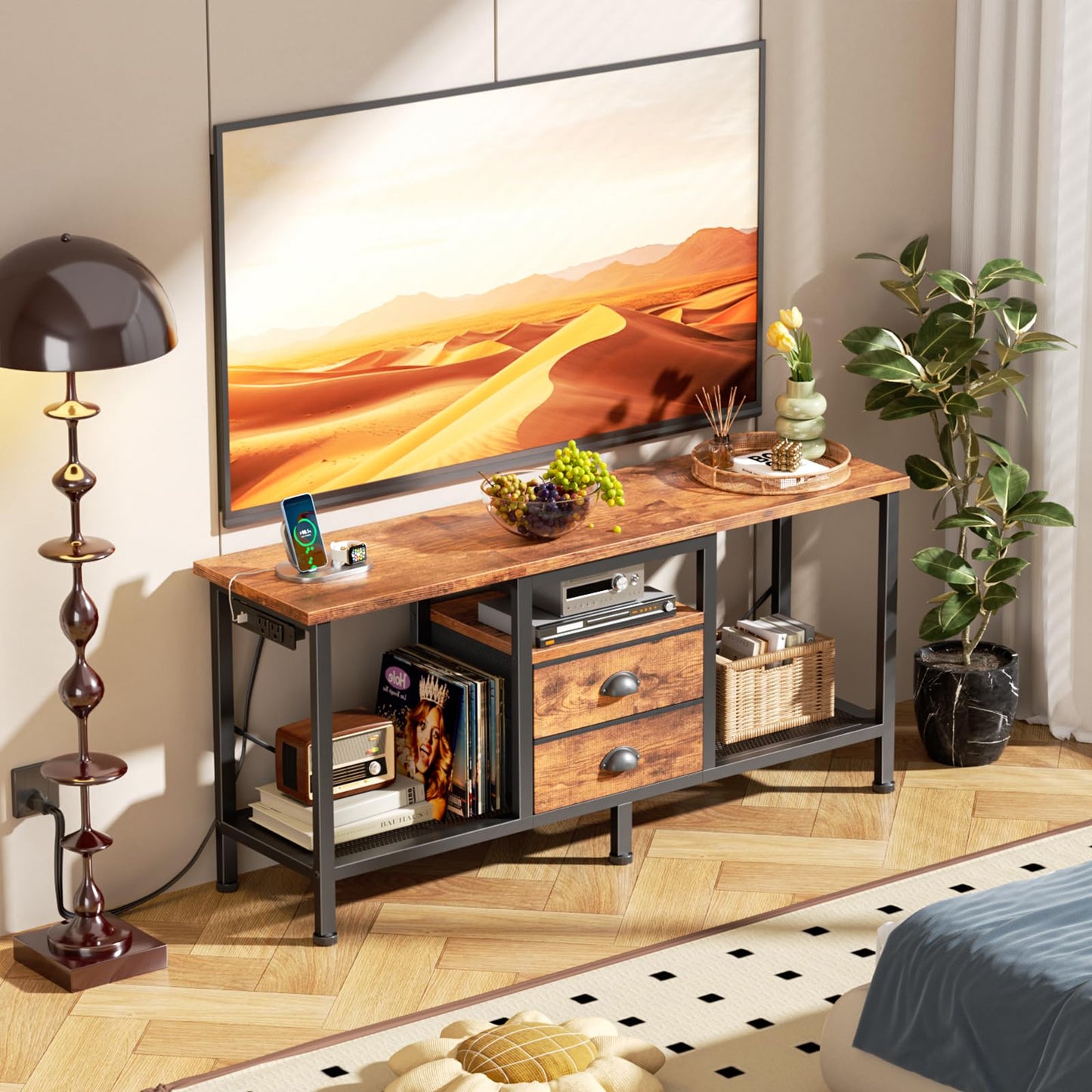 Furologee TV Stand with Power Outlets and 2 Fabric Drawers, 42 Inch Small Entertainment Center with Open Storage Shelves, Simple TV Console Table for Bedroom, Living Room, Rustic Brown
