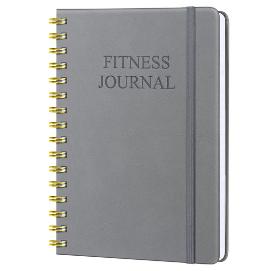 Fitness Journal-Workout Journal for Women & Men, Hard Cover Leather Fitness Planner, Workout Log Book With Gym Goals, Calendar, Progress Tracker, A5-5.7" x 8.3" - Grey