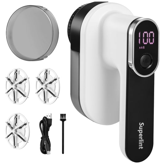 SUPER LINT Electric Fabric Shaver, Sweater Shavers with LED Display & Big Trash Container, Lint Shaver Rechargeable to Remove Fuzz, Lint, Pills for Clothes, Couch, White